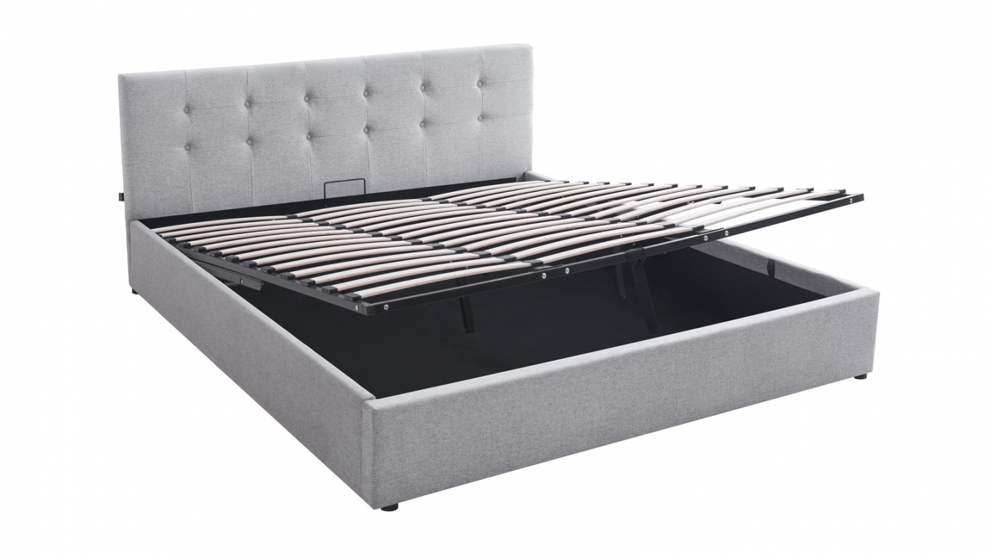 Ensemble Lit coffre adulte 180x200cm avec tête de lit en tissu gris - Tina + Matelas mémoire de forme - Dual Confort