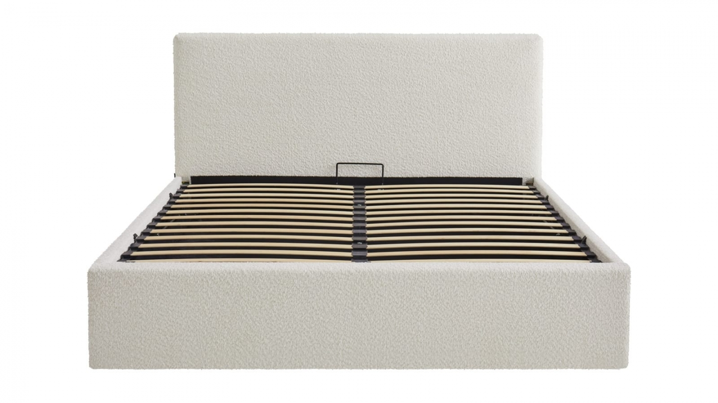 Ensemble Lit coffre adulte 140x190cm avec tête de lit en tissu bouclé beige - Tina + Matelas ressorts ensachés - Spring Elite