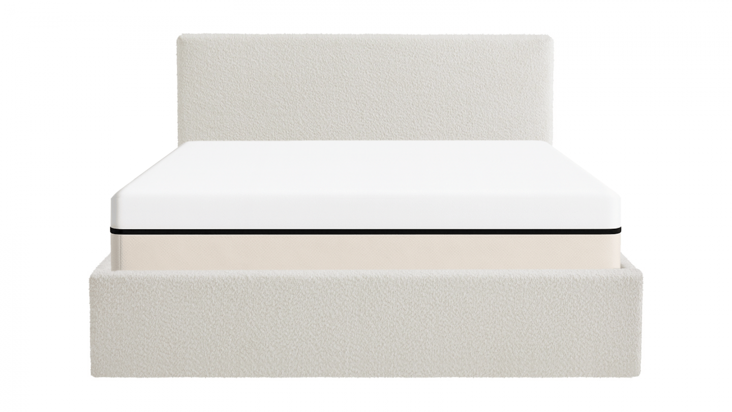 Ensemble Lit coffre adulte 160x200cm avec tête de lit en tissu bouclé beige - Tina + Matelas ressorts ensachés - Spring Elite