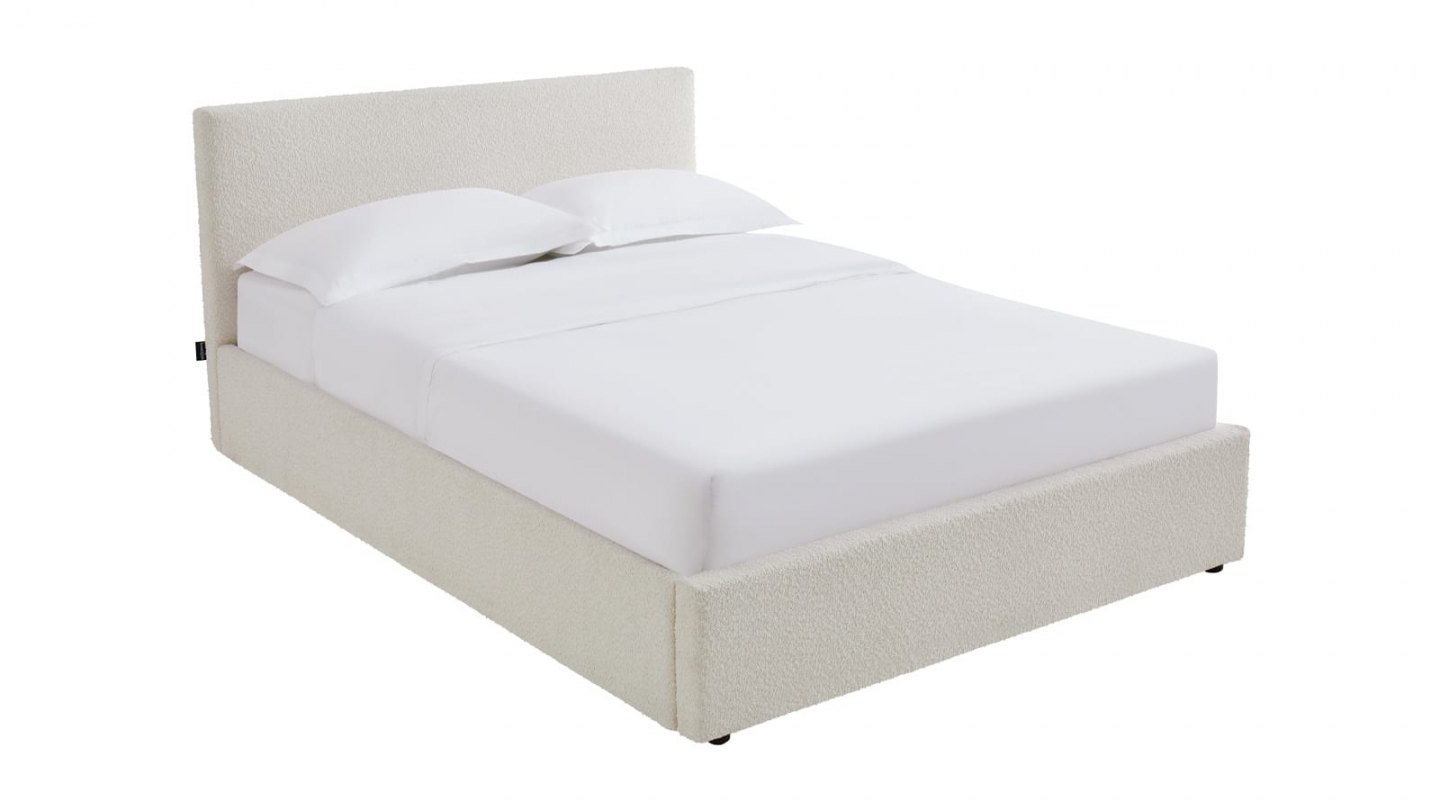 Ensemble Lit coffre adulte 160x200cm avec tête de lit en tissu bouclé beige - Tina + Matelas ressorts ensachés - Spring Elite
