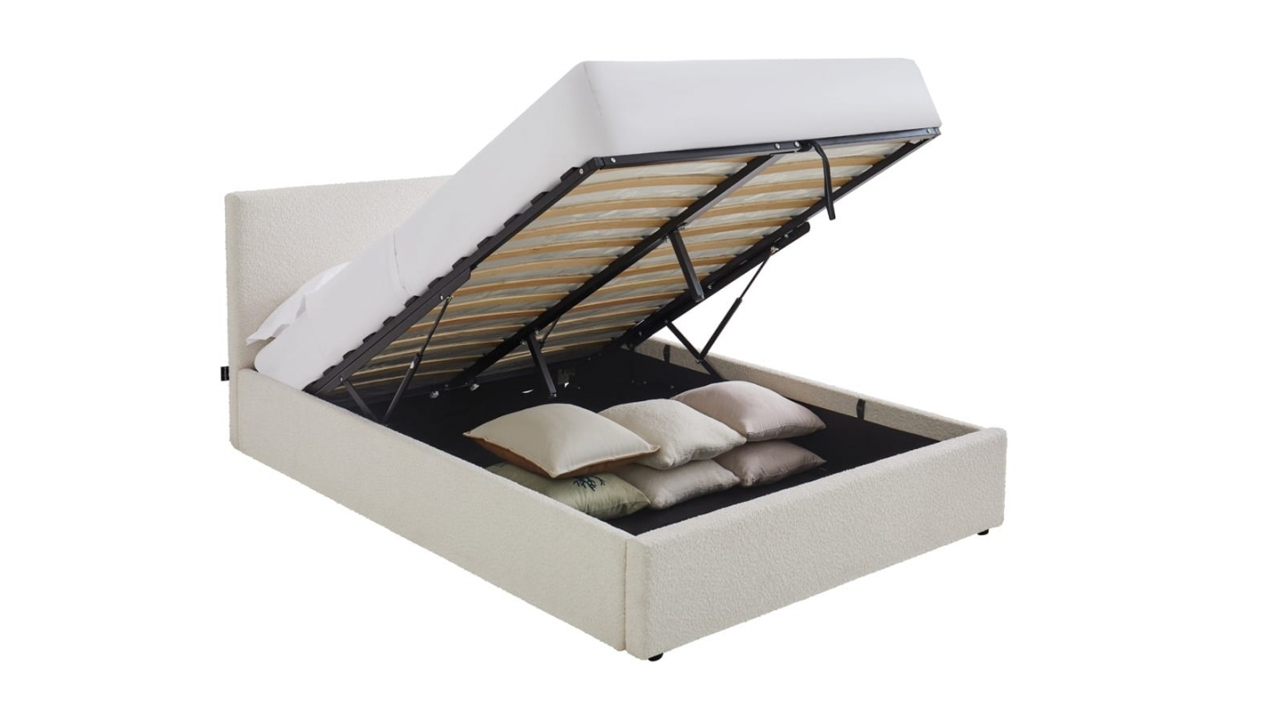Ensemble Lit coffre adulte 140x190cm avec tête de lit en tissu bouclé beige - Tina + Matelas mémoire de forme - Dual Confort Ensemble Lit coffre adulte 140x190cm avec tête de lit en tissu bouclé beige - Tina + Matelas mémoire de forme - Dual Confort