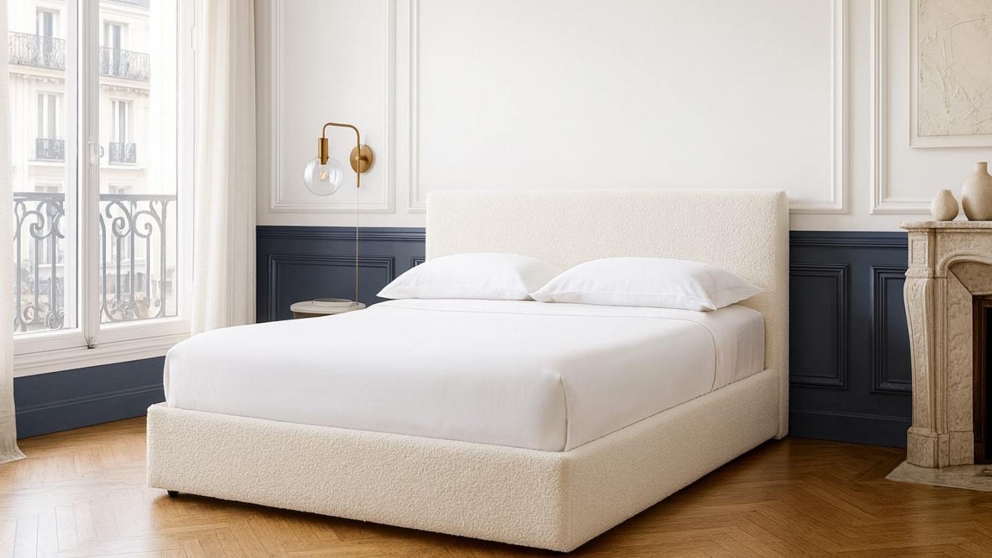 Ensemble Lit coffre adulte 140x190cm avec tête de lit en tissu bouclé beige - Tina + Matelas mémoire de forme - Dual Confort Ensemble Lit coffre adulte 140x190cm avec tête de lit en tissu bouclé beige - Tina + Matelas mémoire de forme - Dual Confort