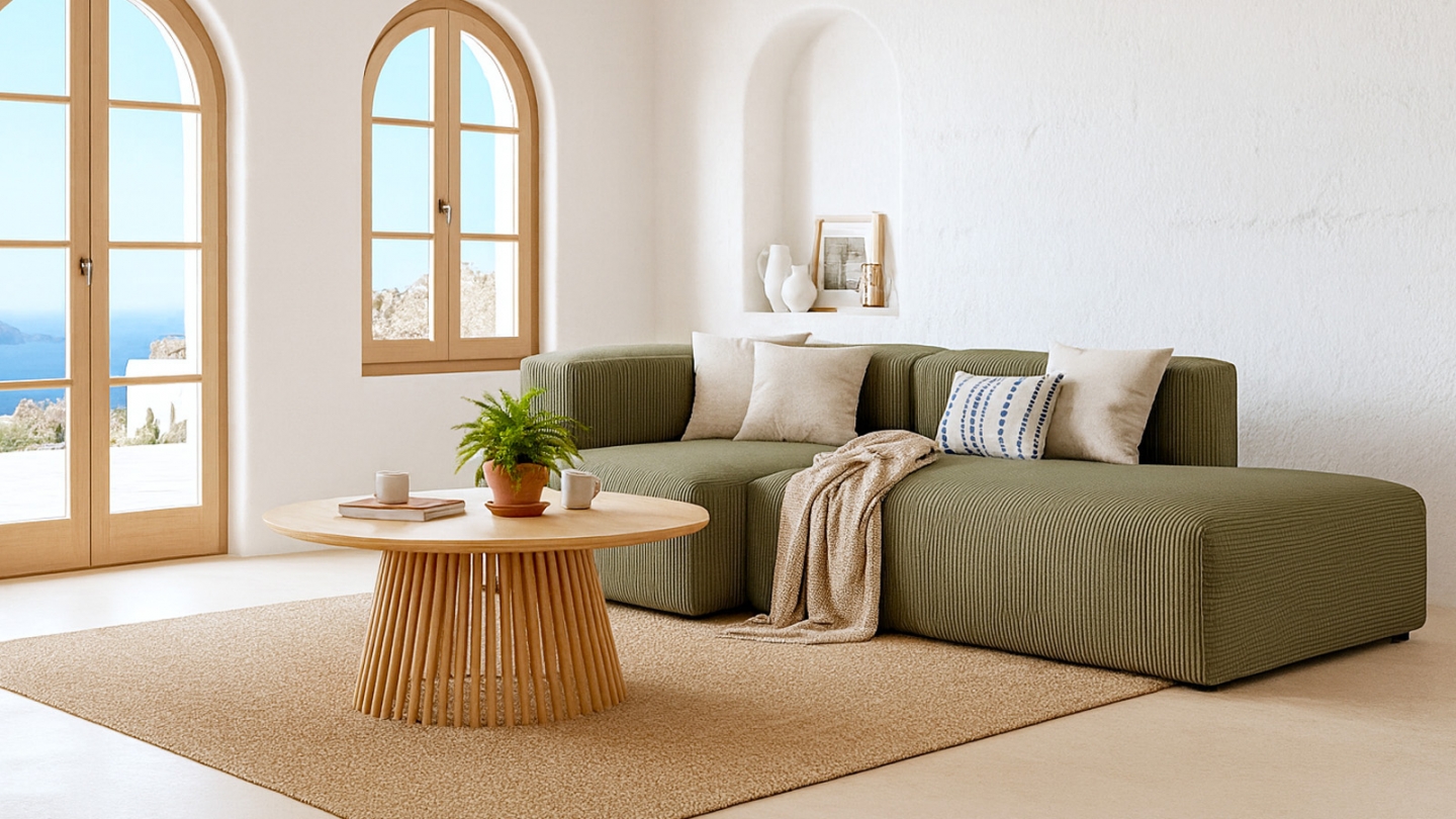 Canapé d'angle à gauche modulable avec méridienne 3/4 places en velours côtelé vert kaki - Modulo Canapé d'angle à gauche modulable avec méridienne 3/4 places en velours côtelé vert kaki - Modulo