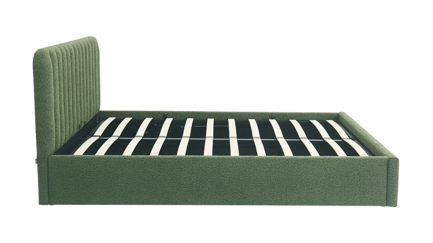 Lit coffre adulte 160x200 cm avec tête de lit capitonnée en tissu bouclé vert - Ava