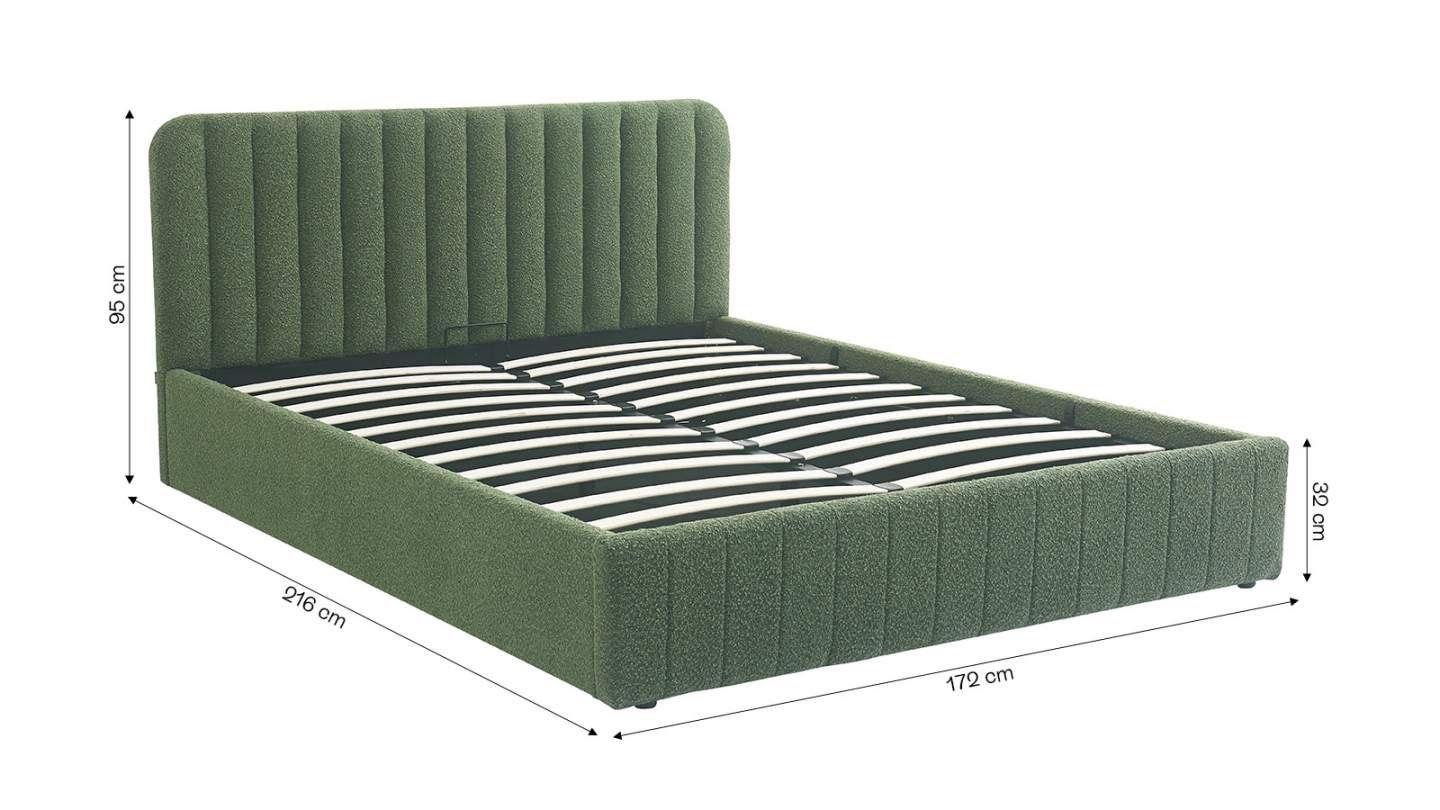 Lit coffre adulte 160x200 cm avec tête de lit capitonnée en tissu bouclé vert - Ava