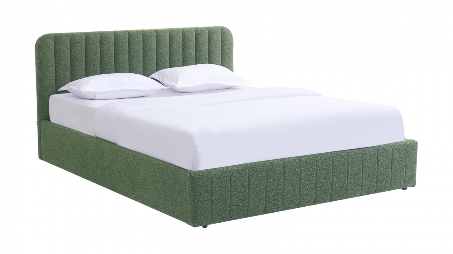 Lit coffre adulte 140x190 cm avec tête de lit capitonnée en tissu bouclé vert - Ava