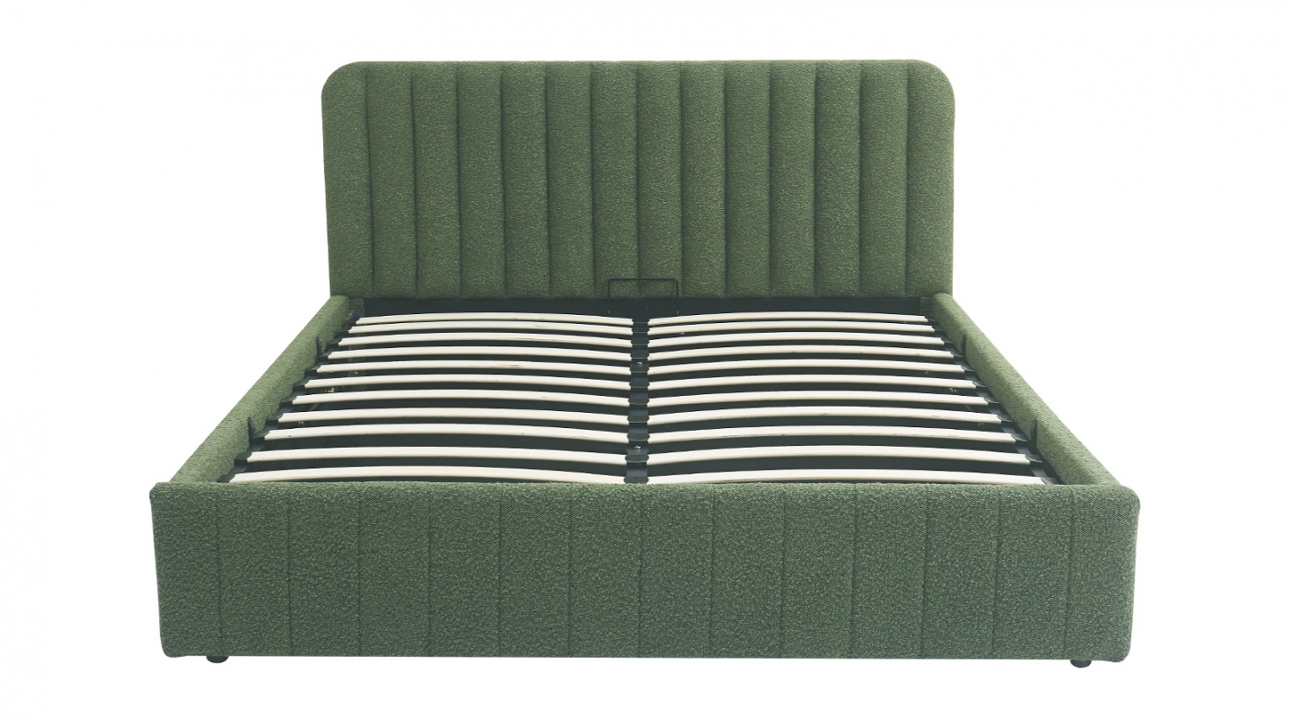 Lit coffre adulte 140x190 cm avec tête de lit capitonnée en tissu bouclé vert - Ava