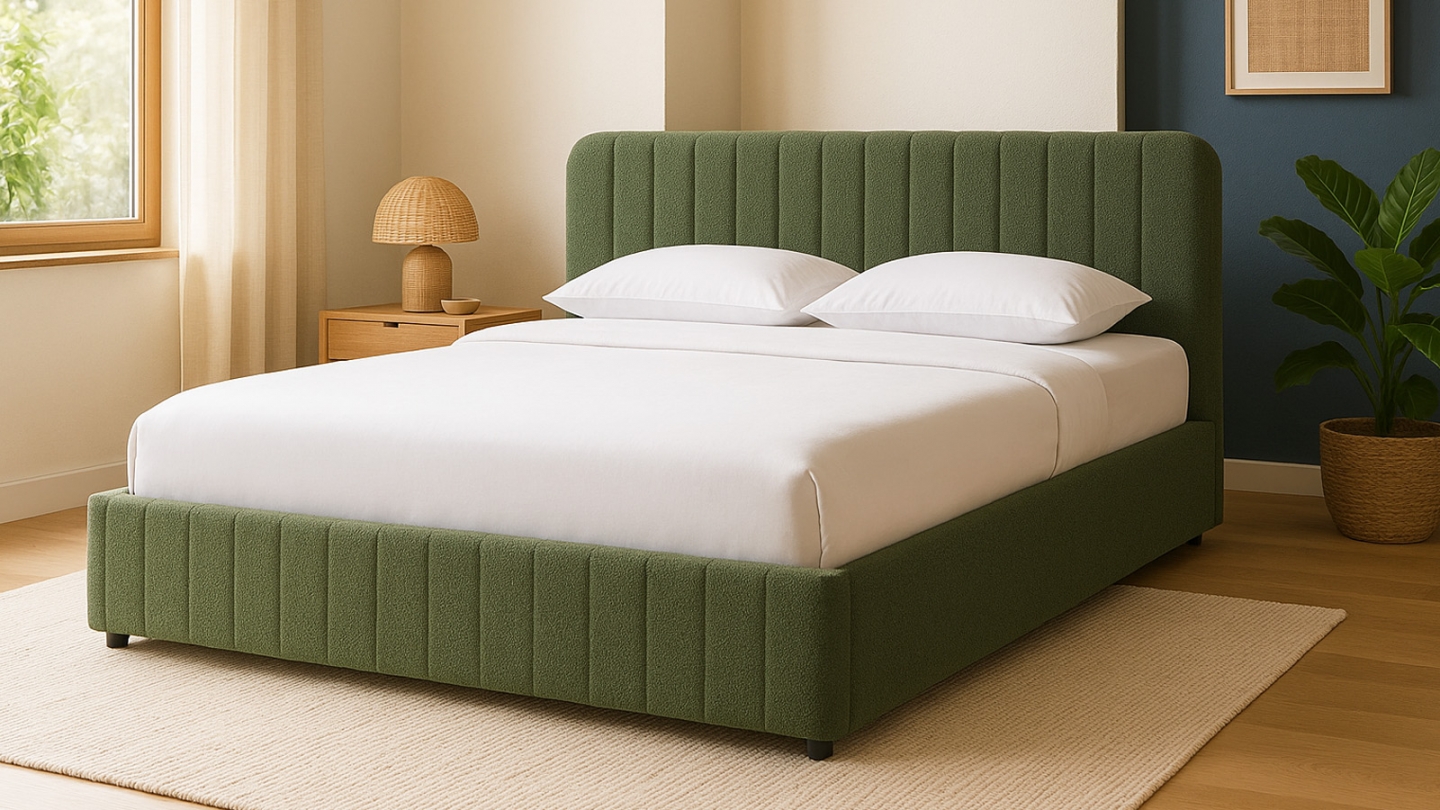 Lit coffre adulte 140x190 cm avec tête de lit capitonnée en tissu bouclé vert - Ava