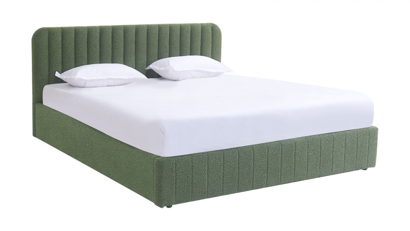 Lit coffre adulte 180x200 cm avec tête de lit capitonnée en tissu bouclé vert - Ava