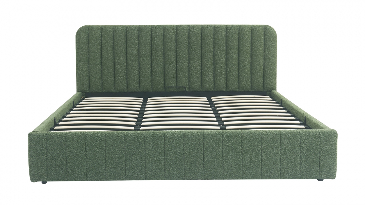 Lit coffre adulte 180x200 cm avec tête de lit capitonnée en tissu bouclé vert - Ava