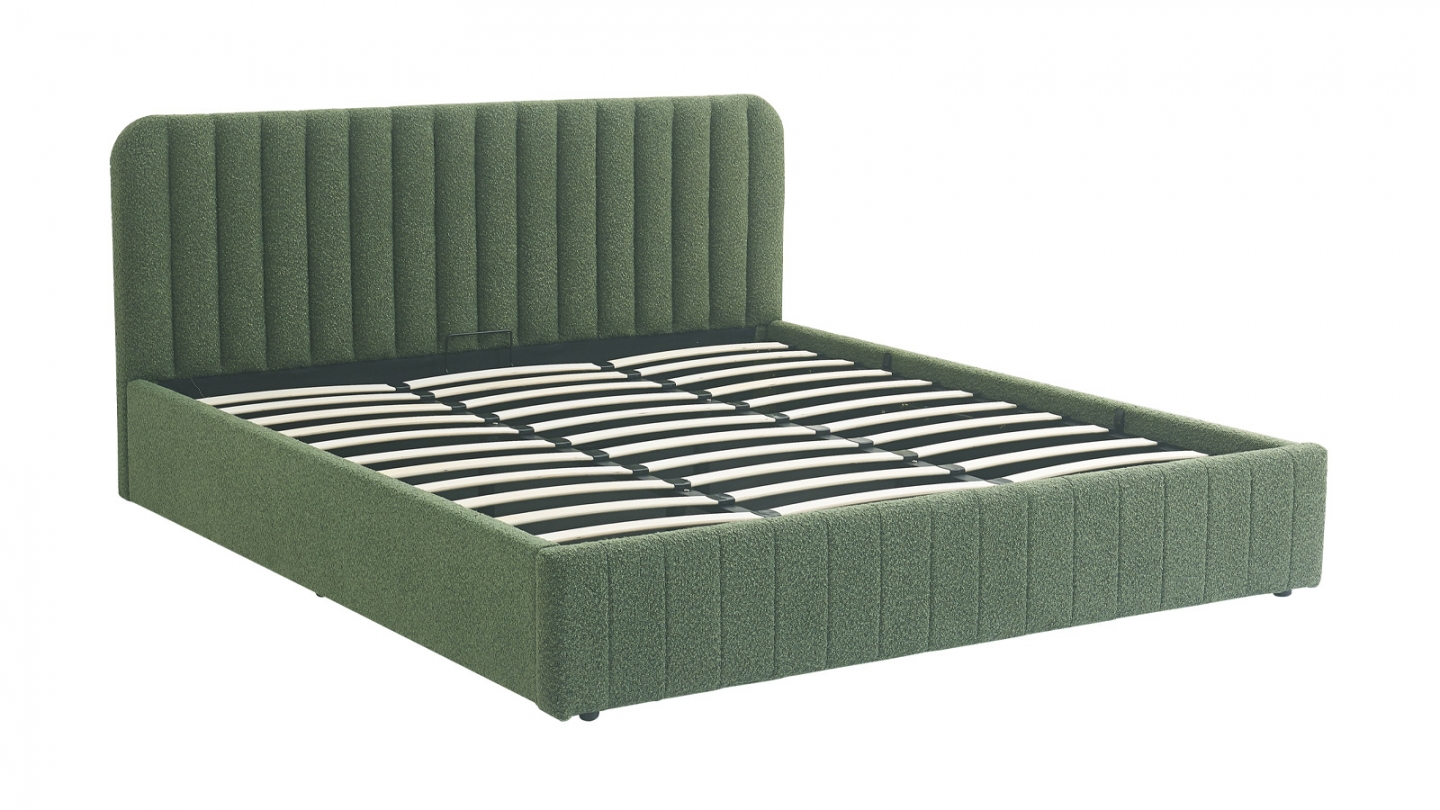 Lit coffre adulte 180x200 cm avec tête de lit capitonnée en tissu bouclé vert - Ava