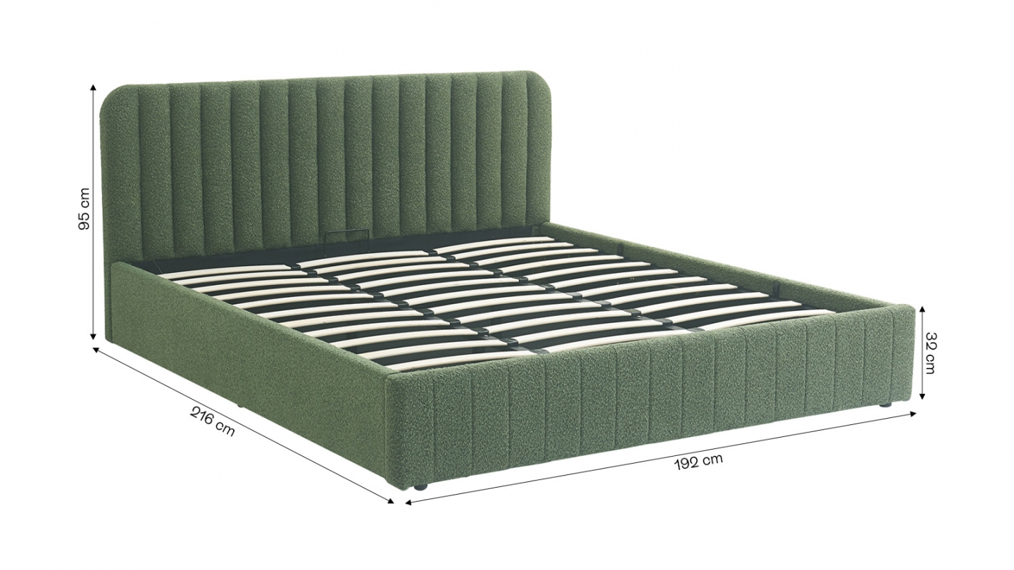 Lit coffre adulte 180x200 cm avec tête de lit capitonnée en tissu bouclé vert - Ava