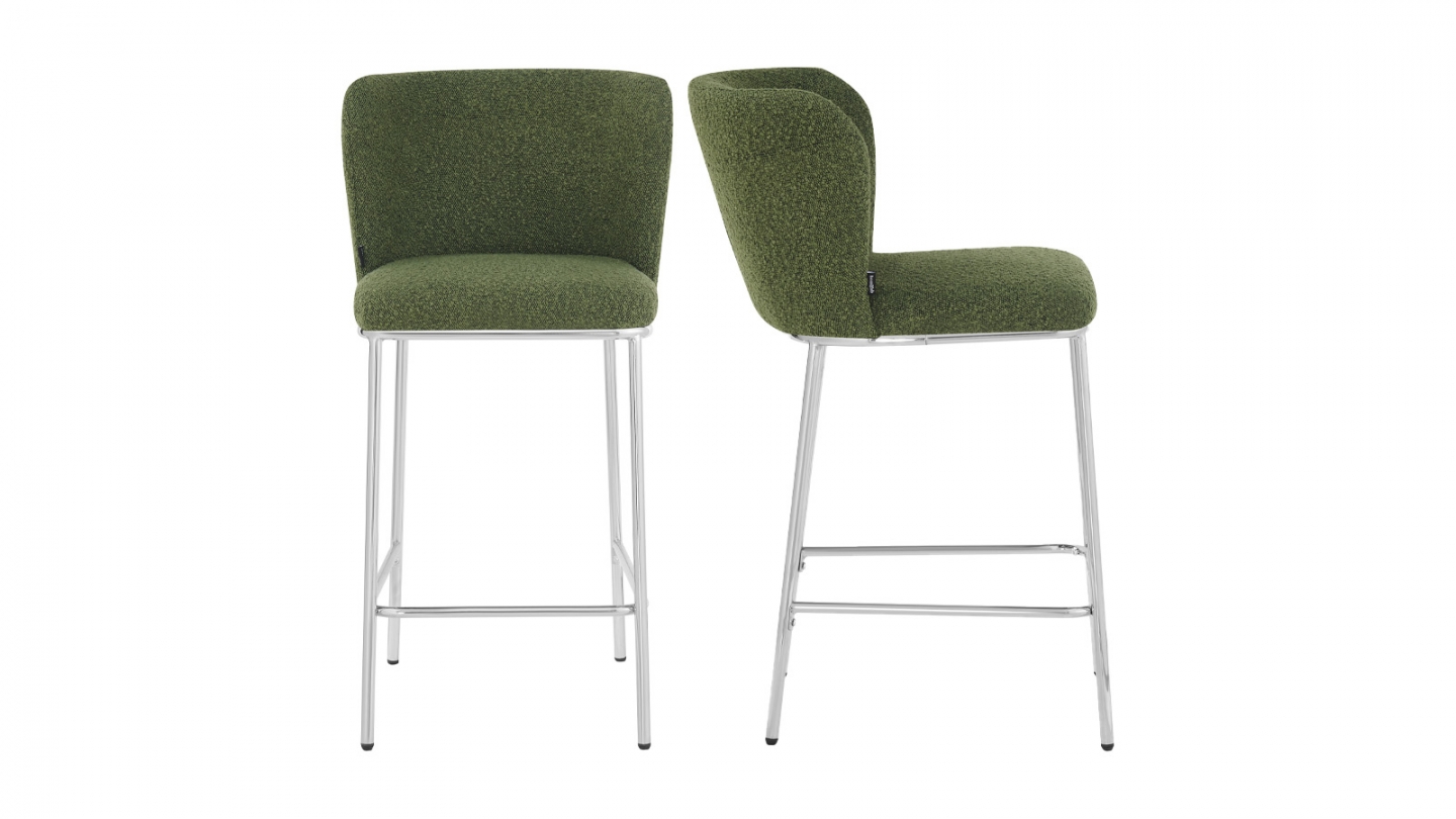 Lot de 2 tabourets de bar en tissu bouclé vert, piètement chromé - Toma