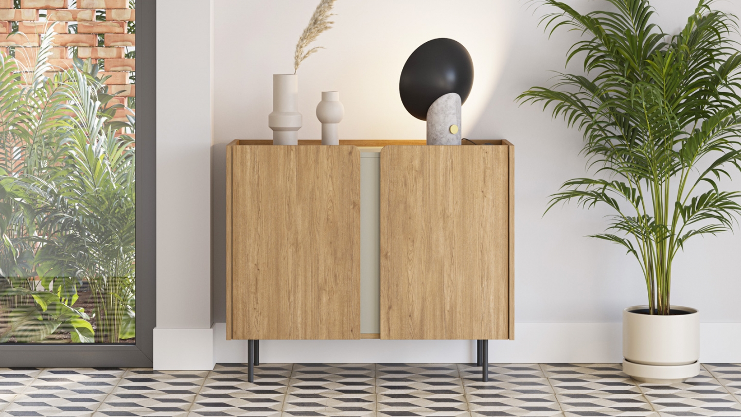 Buffet 2 portes décor chêne et vert 100 cm - Ingo