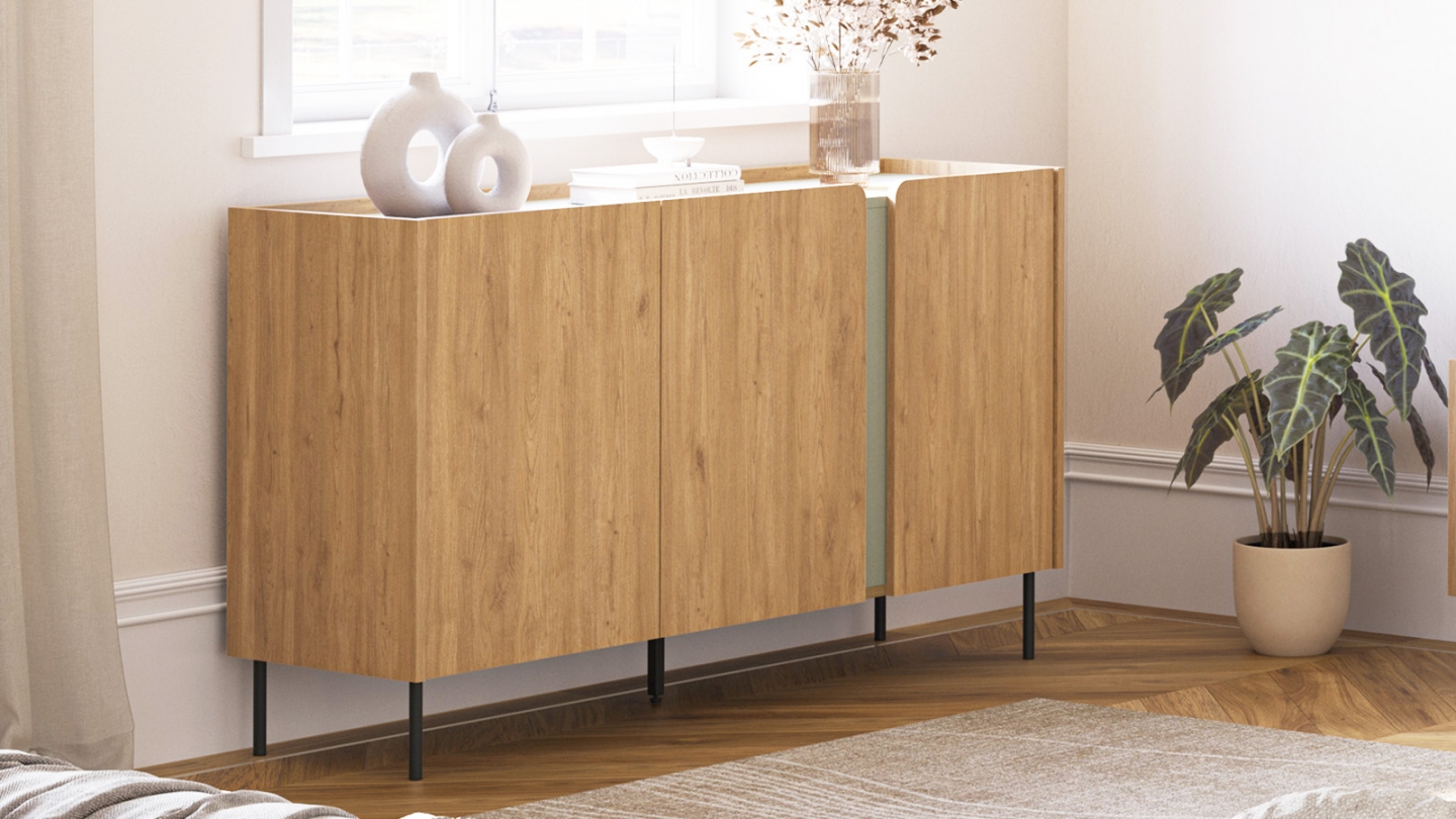 Buffet 3 portes décor chêne et vert 150 cm - Ingo