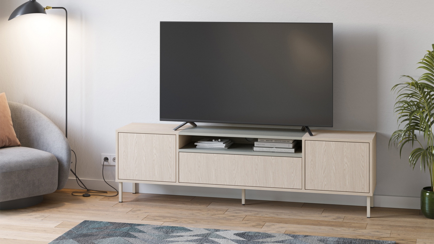 Meuble TV 3 portes chêne clair et vert 180 cm - Amos