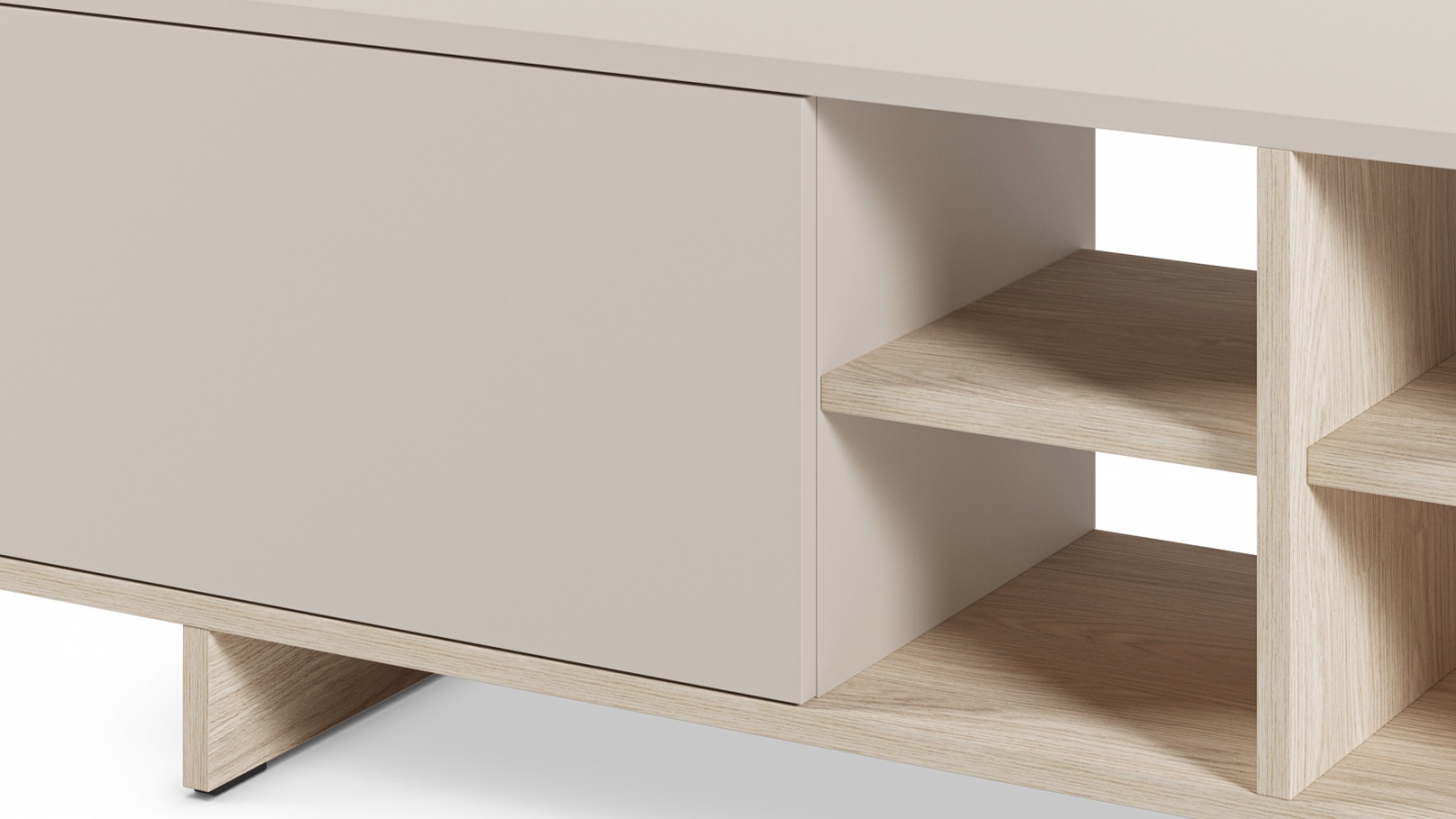 Meuble TV 2 portes beige et décor chêne clair 230 cm - Alicia