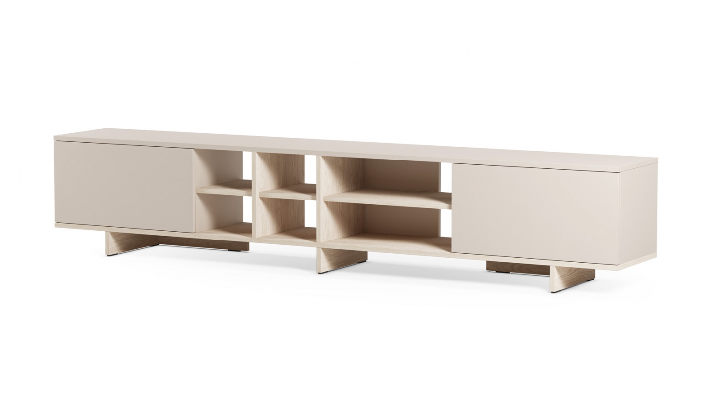 Meuble TV 2 portes beige et décor chêne clair 230 cm - Alicia