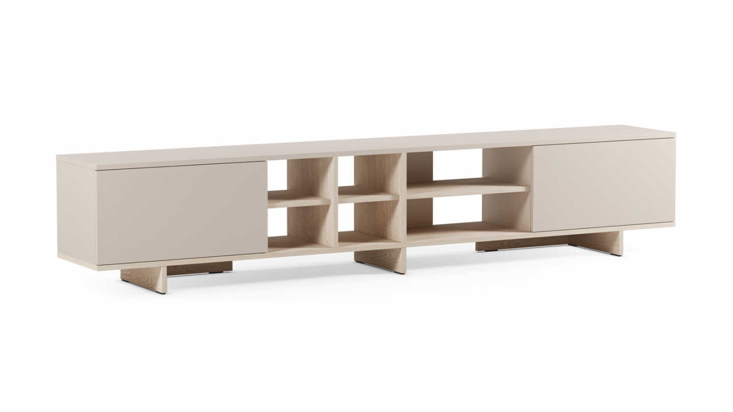 Meuble TV 2 portes beige et décor chêne clair 230 cm - Alicia