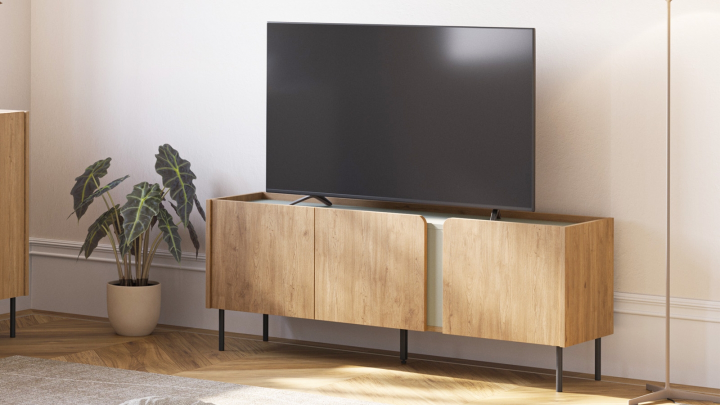 Meuble TV 3 portes décor chêne et vert 140 cm - Ingo