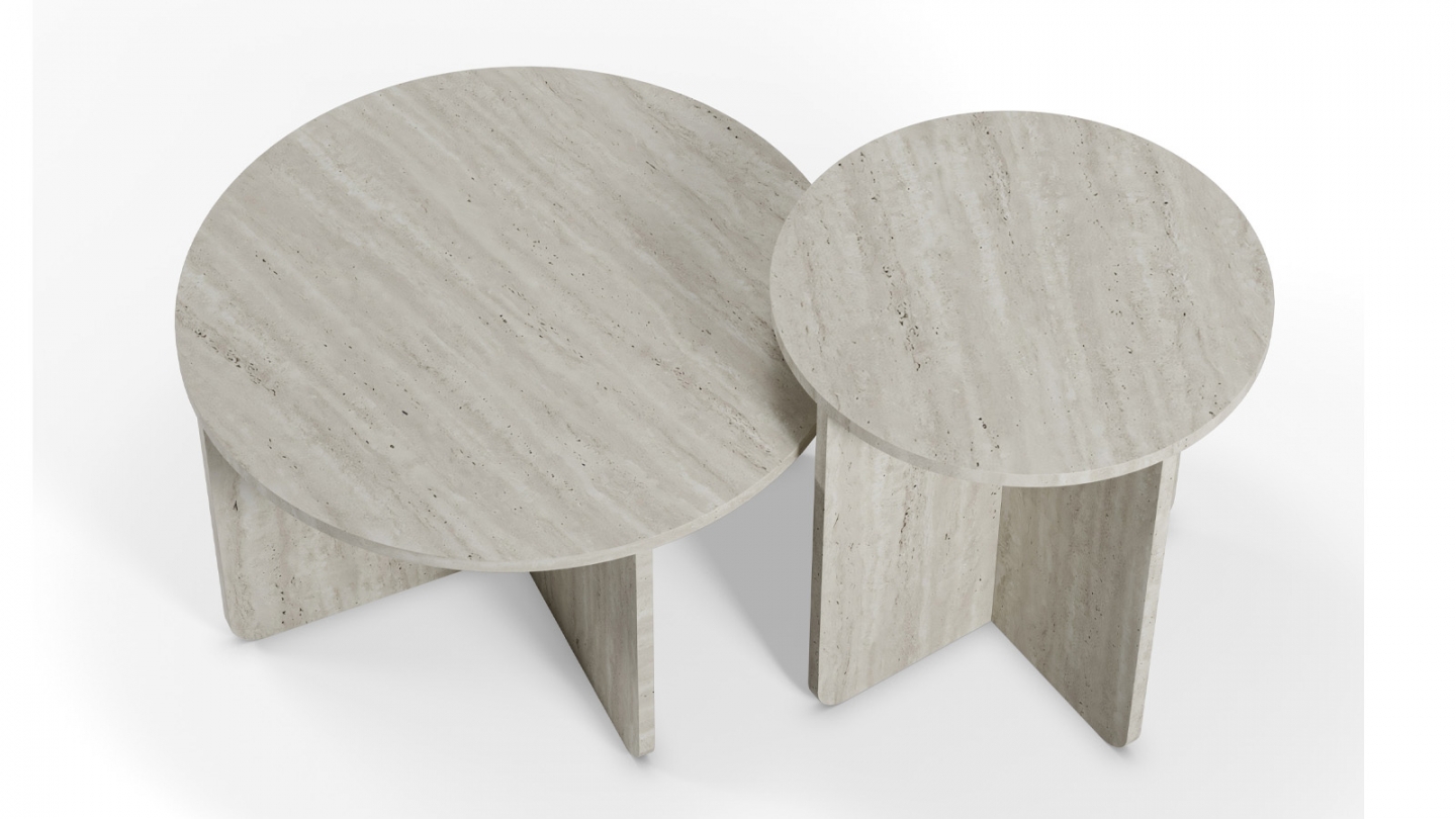 Set de 2 tables basses rondes décor travertin - Mina