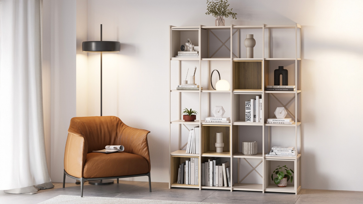 Bibliothèque 5 niveaux en métal beige et décor bois 140 cm - Elie