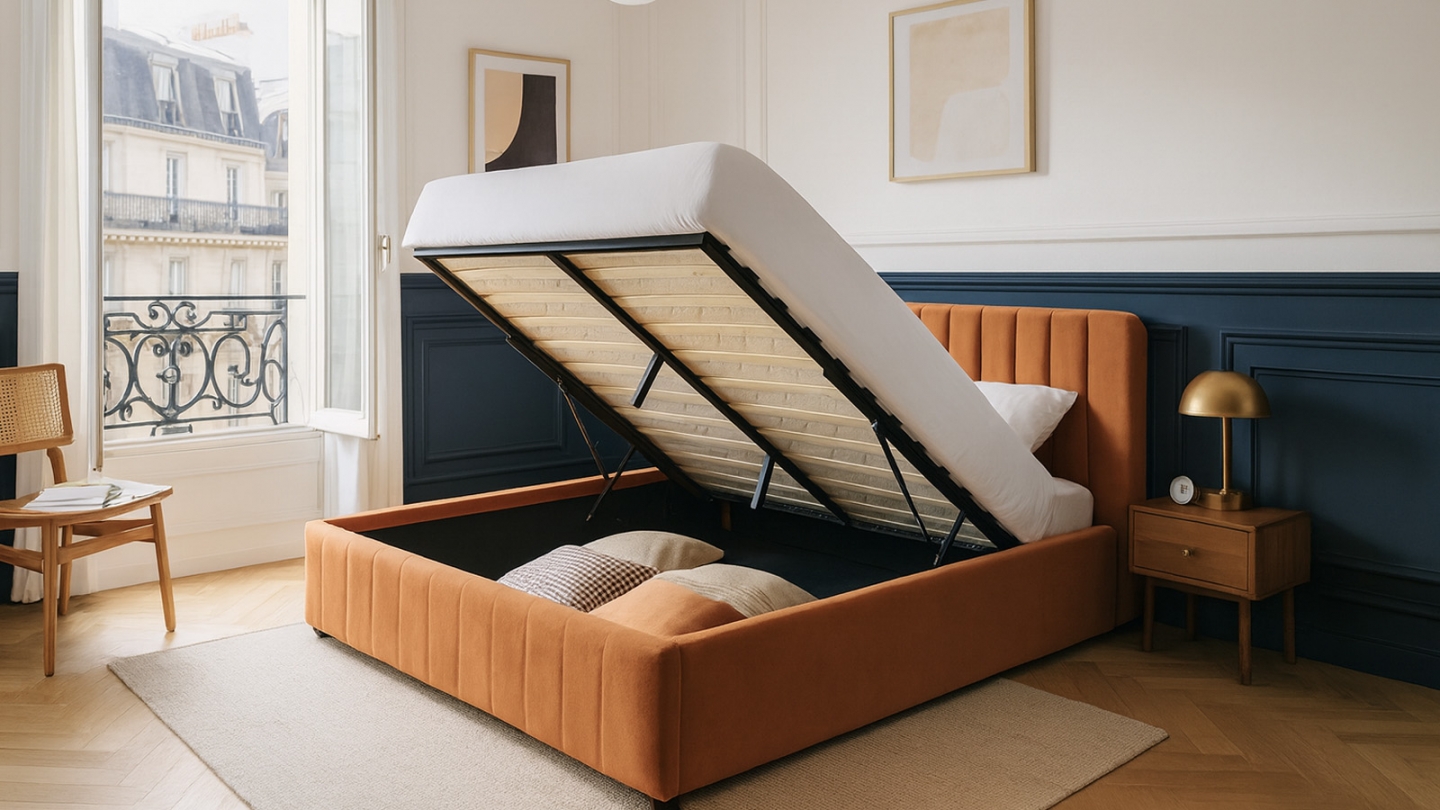 Lit coffre adulte 140x190 cm avec tête de lit capitonnée en velours terracotta - Ava Lit coffre adulte 140x190 cm avec tête de lit capitonnée en velours terracotta - Ava