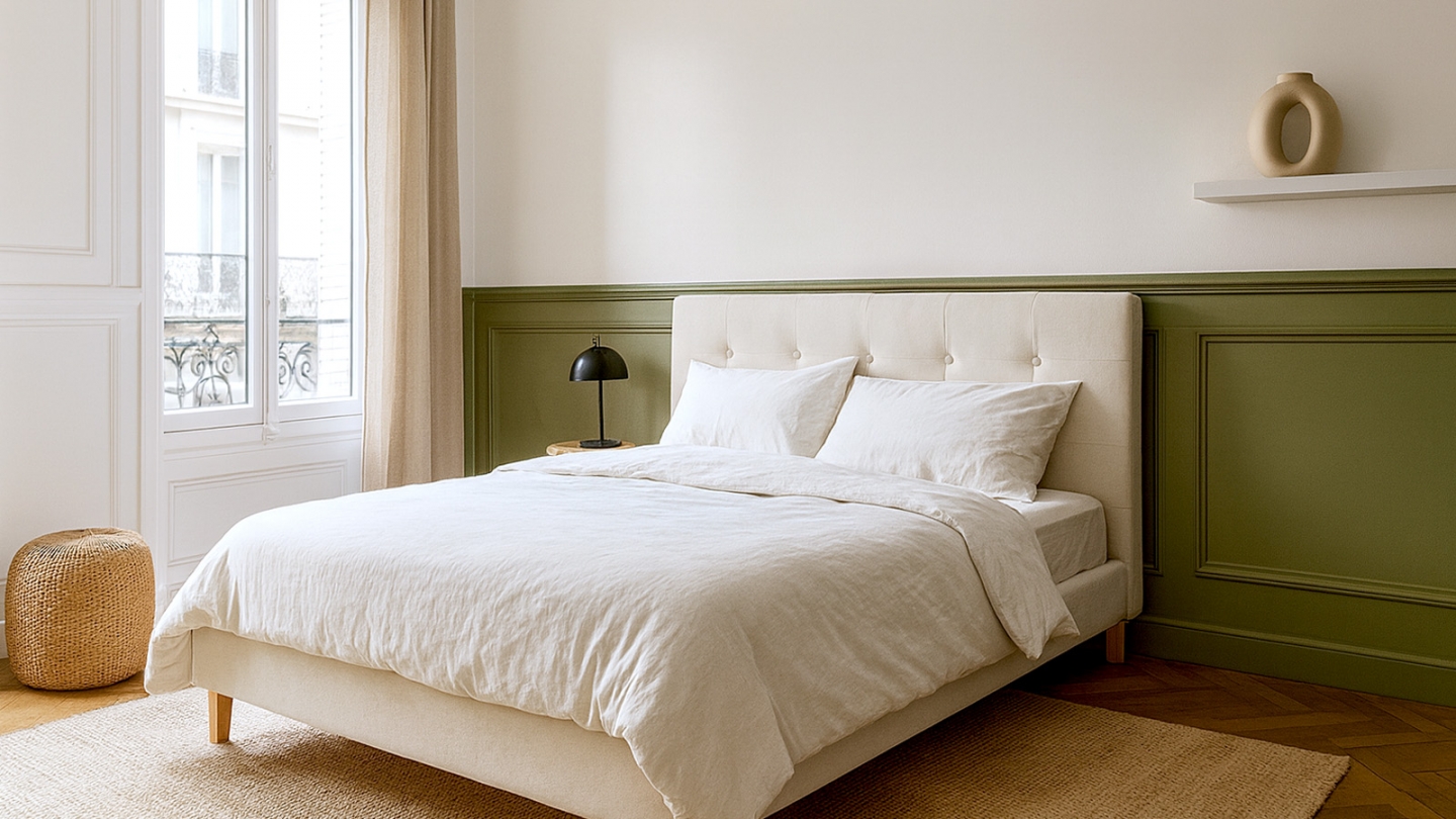 Lit adulte 160x200 cm avec tête de lit capitonnée en velours beige - Milo