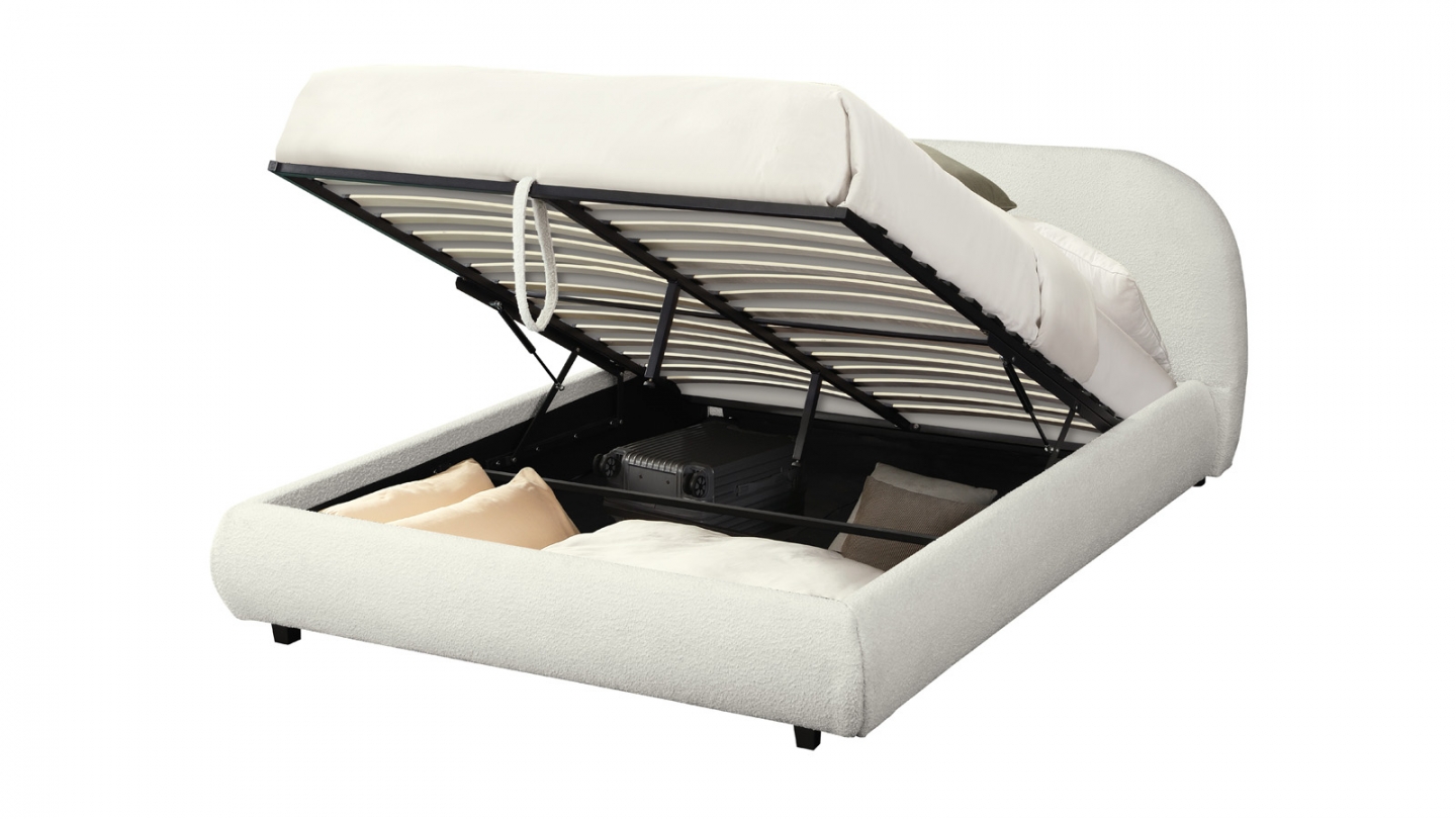 Lit coffre 140x190 cm avec tête de lit matelassée en tissu bouclé beige - Madisson