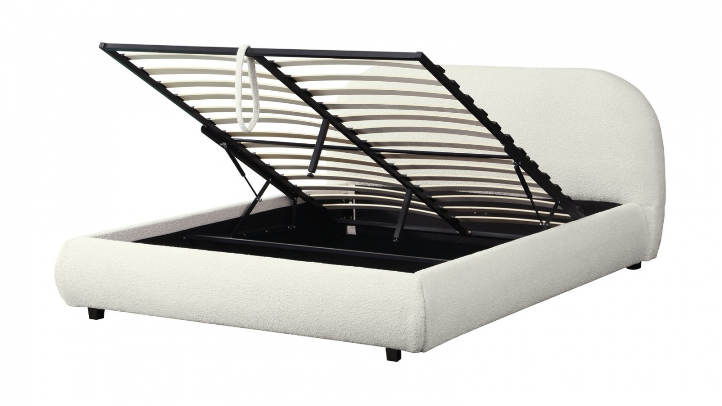 Lit coffre 160x200 cm avec tête de lit matelassée en tissu bouclé beige - Madisson Lit coffre 160x200 cm avec tête de lit matelassée en tissu bouclé beige - Madisson