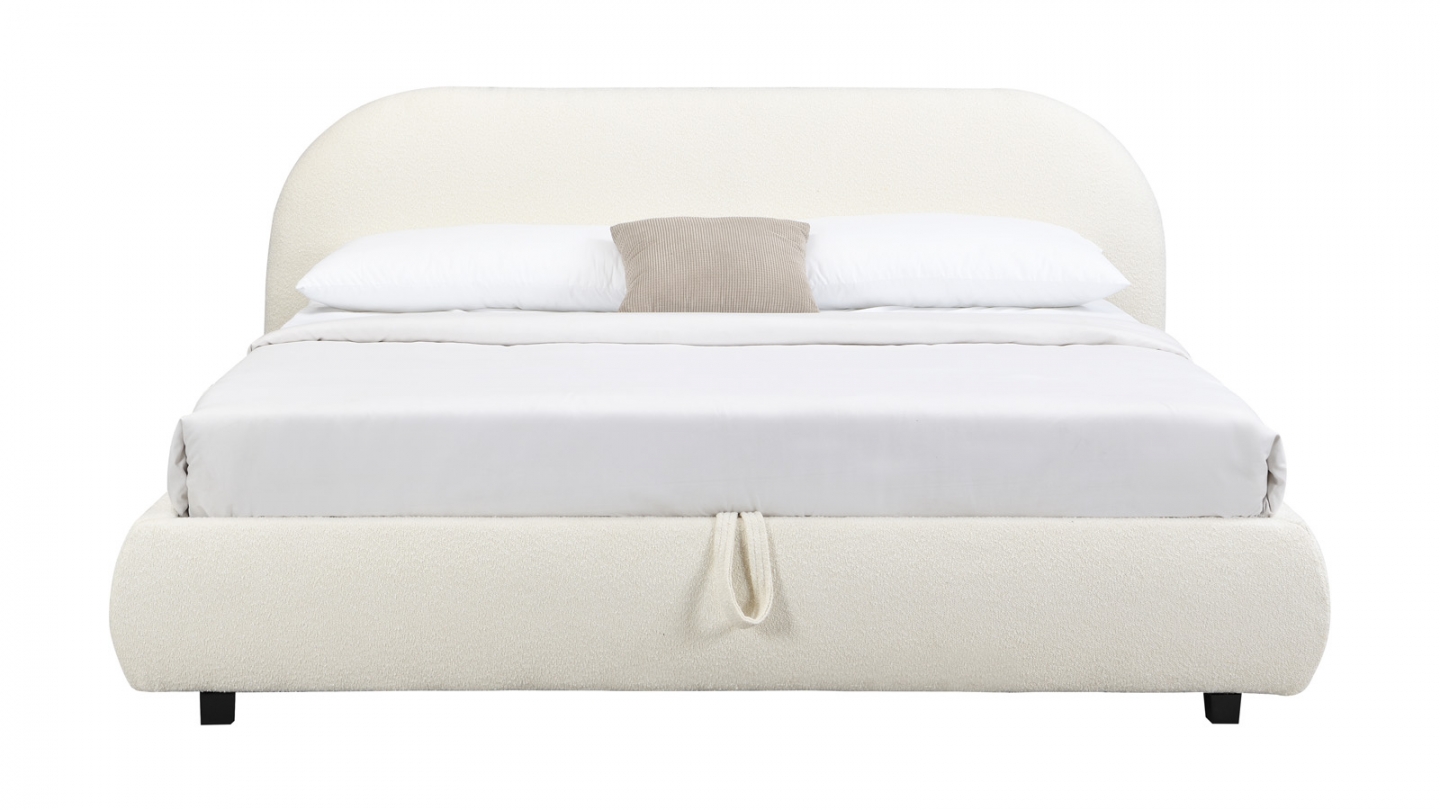 Lit coffre 180x200 cm avec tête de lit matelassée en tissu bouclé beige - Madisson