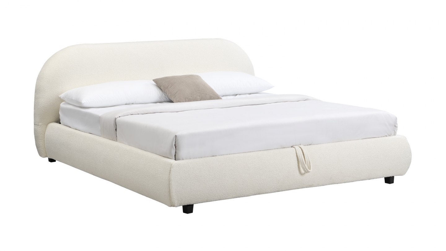 Lit coffre 180x200 cm avec tête de lit matelassée en tissu bouclé beige - Madisson