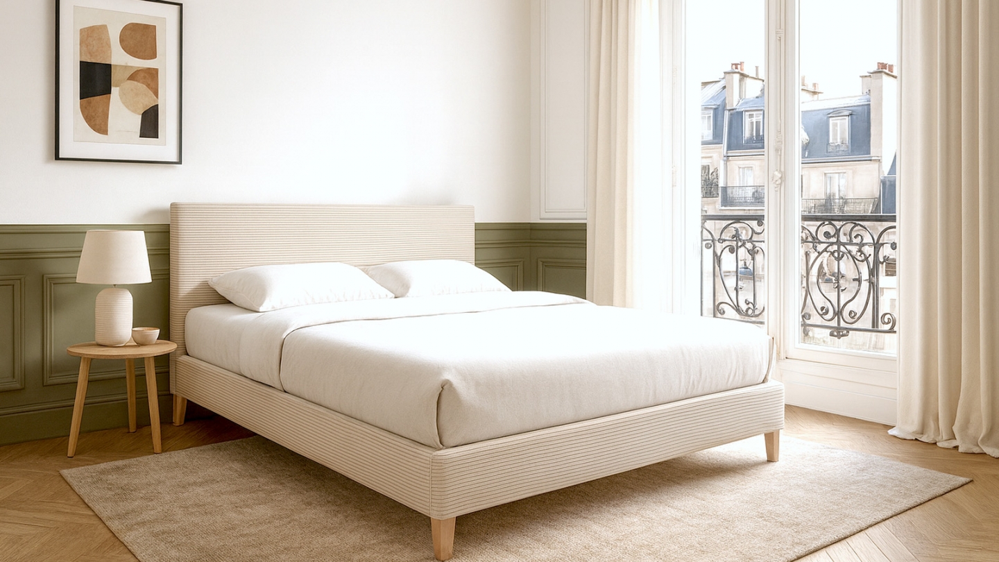 Lit adulte 140x190 cm avec tête de lit capitonnée en velours côtelé beige - Milo Lit adulte 140x190 cm avec tête de lit capitonnée en velours côtelé beige - Milo