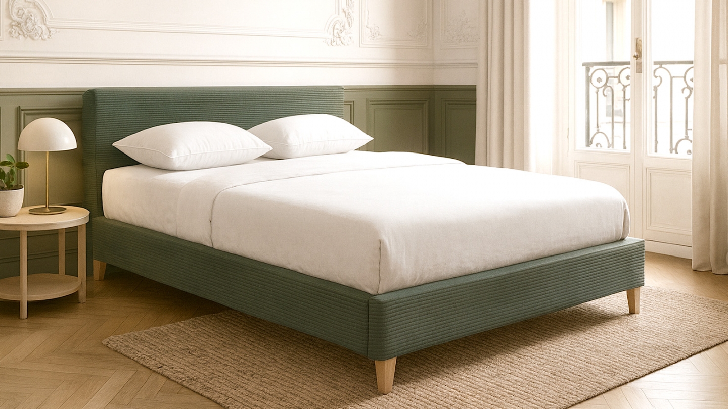 Lit adulte 140x190 cm avec tête de lit capitonnée en velours côtelé vert kaki - Milo