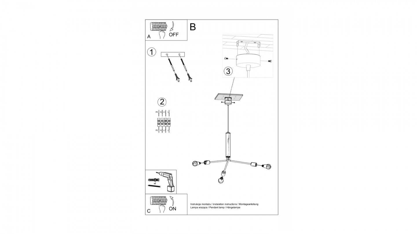 Suspension en métal noir 3 ampoules - 75cm - Duomo