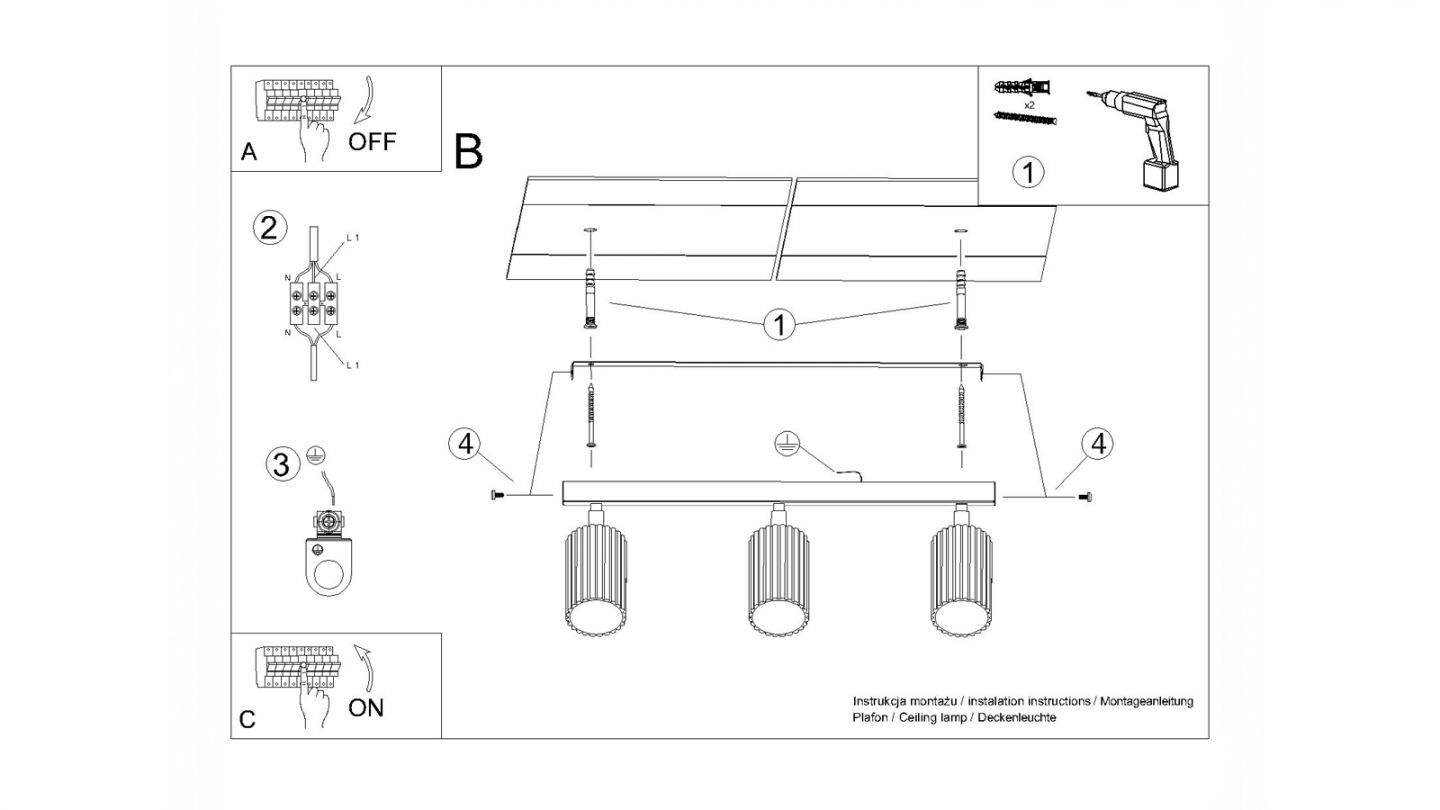 Plafonnier linéaire en aluminium cannelé 3 ampoules noir - Karbon Plafonnier linéaire en aluminium cannelé 3 ampoules noir - Karbon