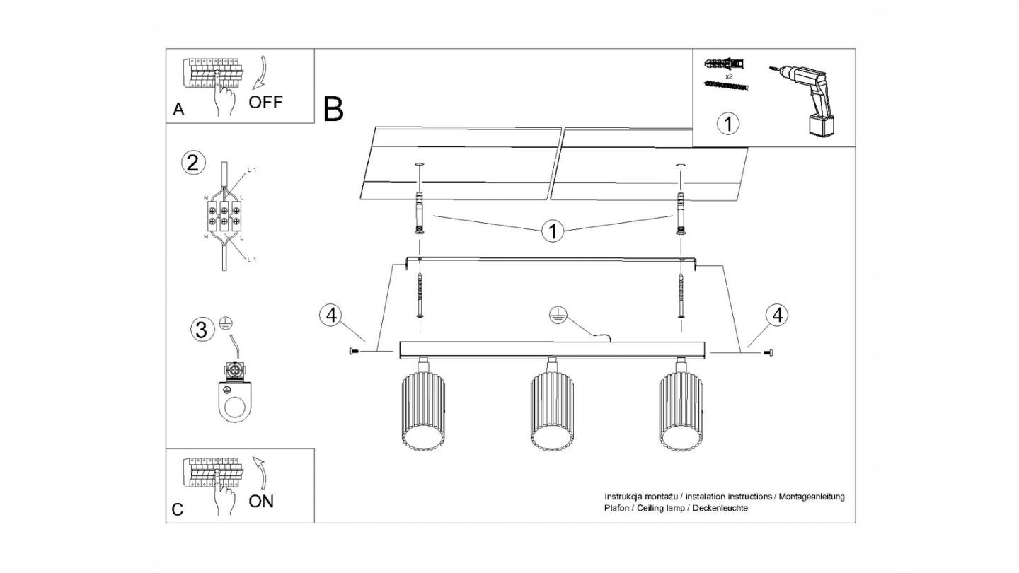 Plafonnier linéaire en aluminium cannelé 3 ampoules or - Karbon Plafonnier linéaire en aluminium cannelé 3 ampoules or - Karbon