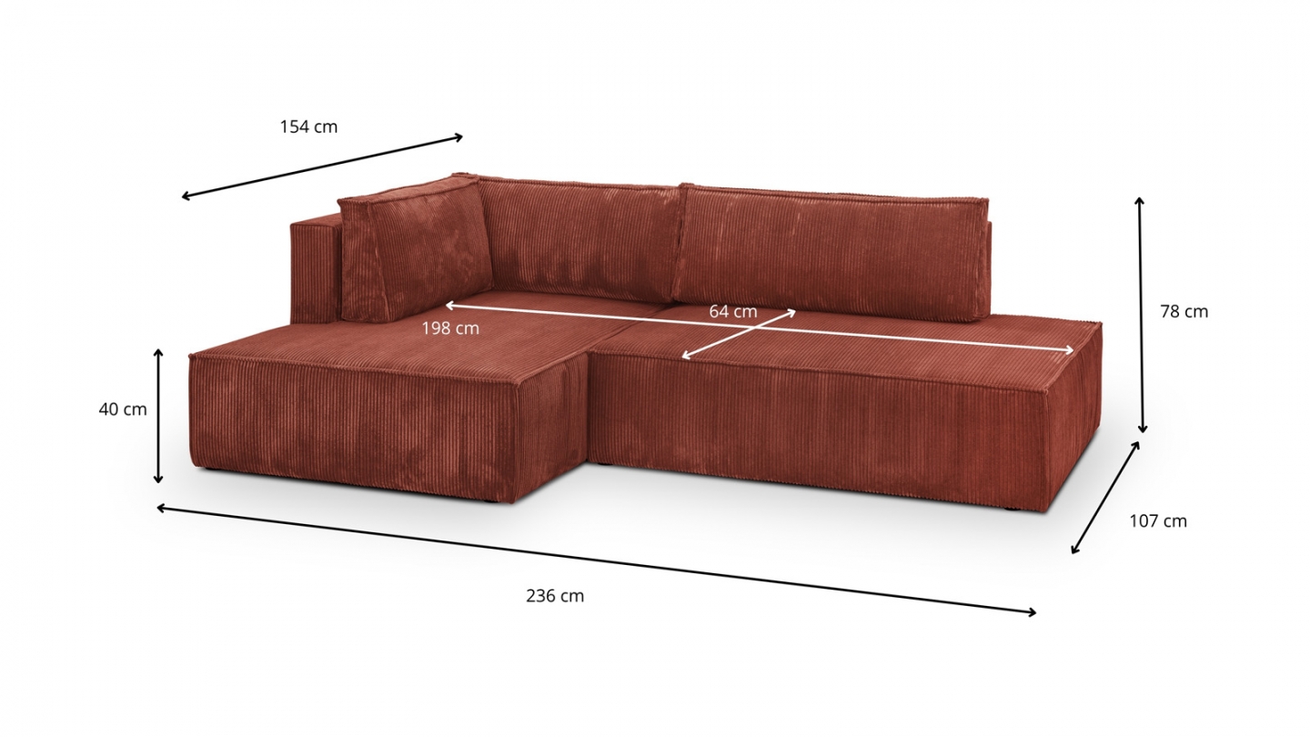 Canapé d'angle à gauche convertible 3 places avec coffre de rangement en velours côtelé rouille - Barani