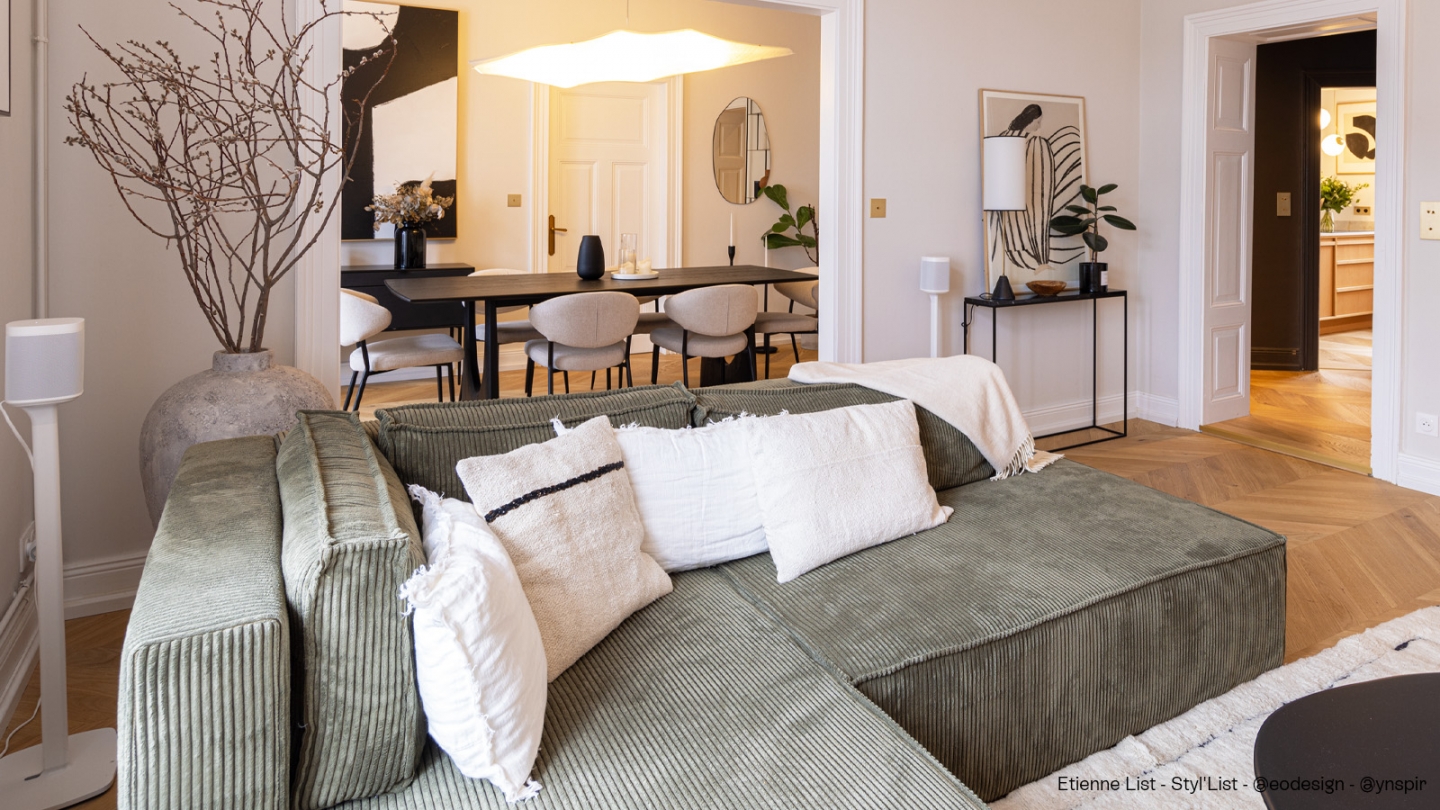 Canapé d'angle à gauche convertible 3 places avec coffre de rangement en velours côtelé vert kaki - Barani