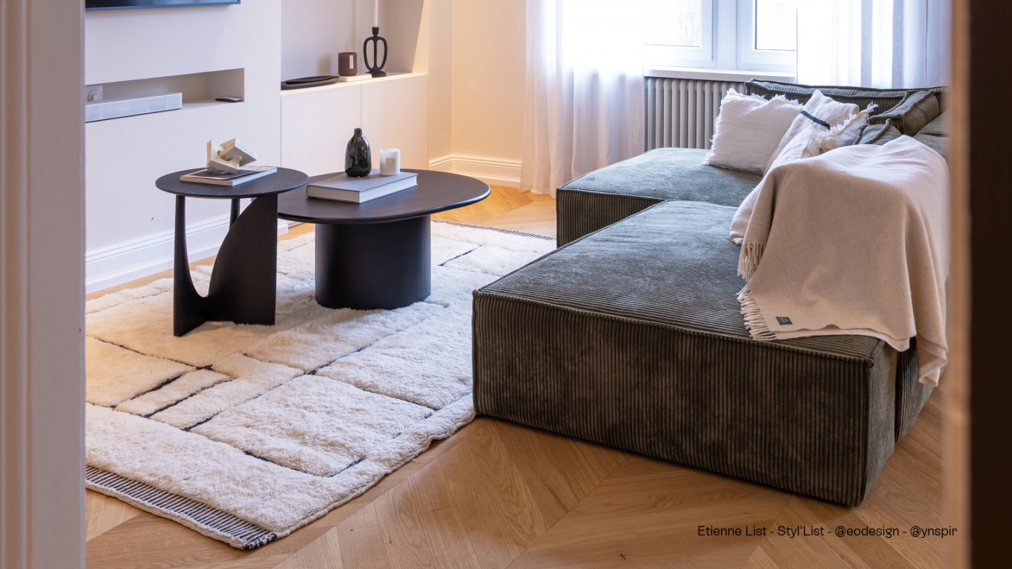 Canapé d'angle à gauche convertible 3 places avec coffre de rangement en velours côtelé vert kaki - Barani