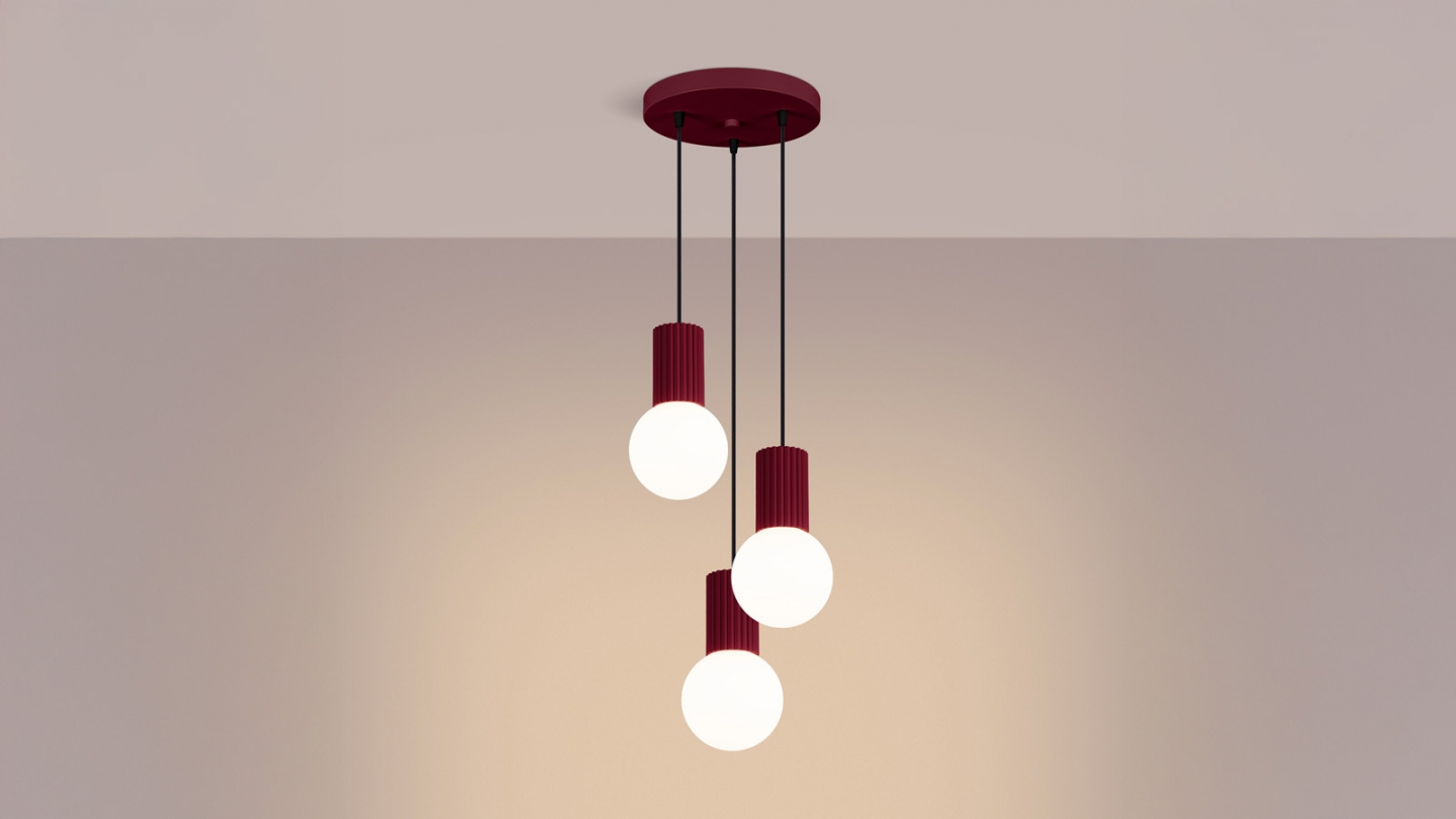 Suspension en aluminium cannelé 3 ampoules bordeaux - Halo