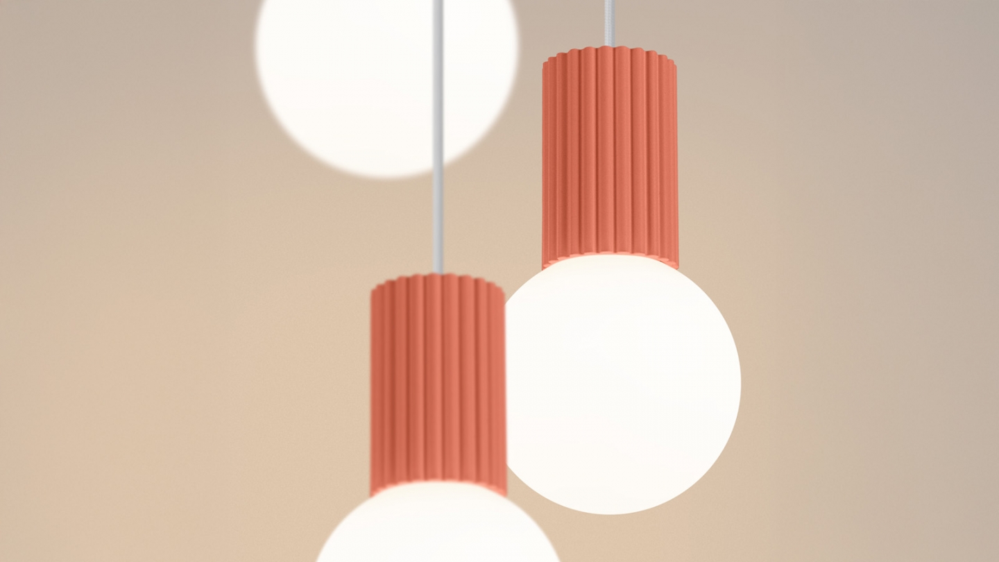 Suspension en aluminium cannelé 3 ampoules pêche - Halo Suspension en aluminium cannelé 3 ampoules pêche - Halo