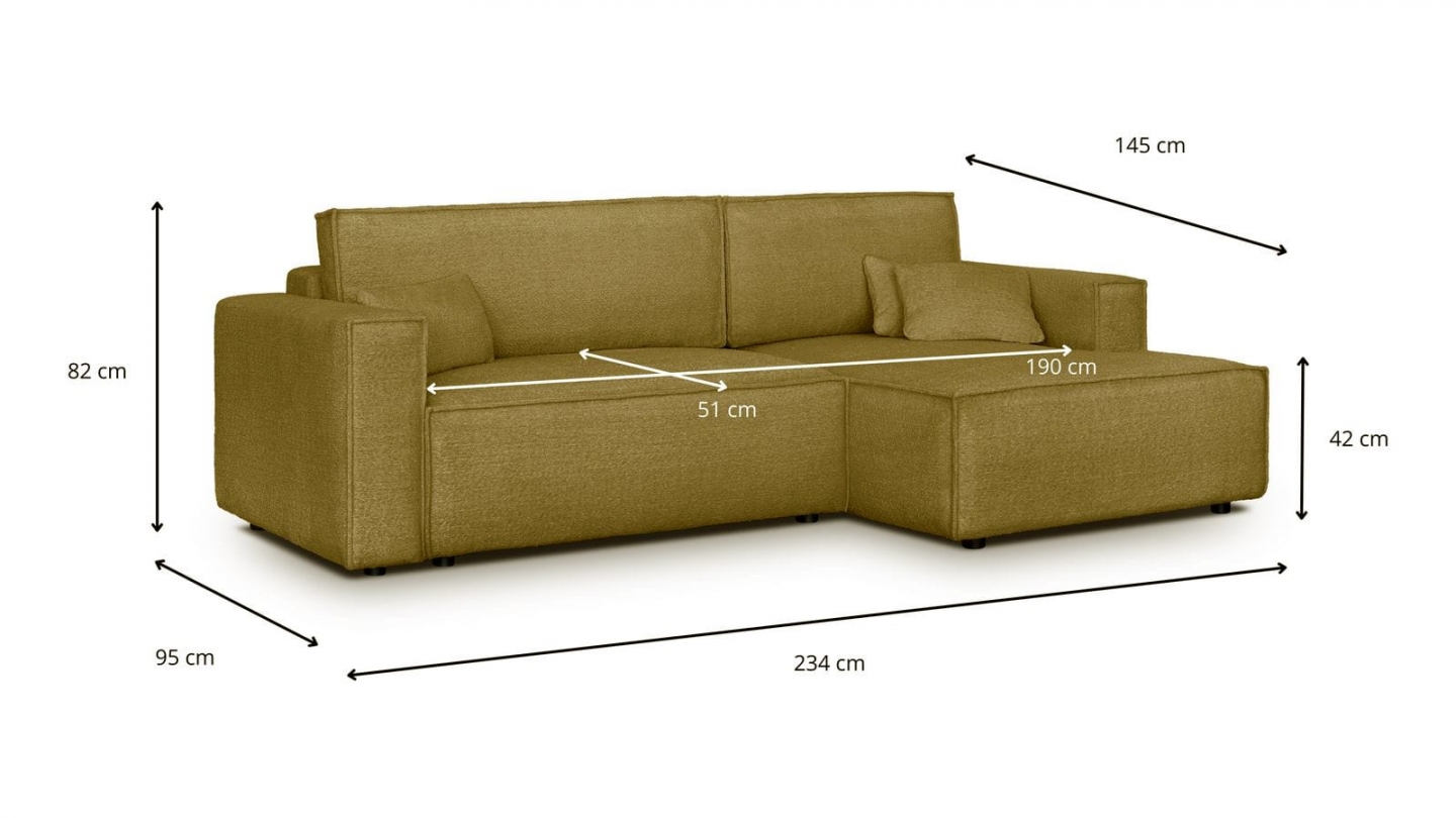 Canapé d'angle à droite convertible 3 places en tissu bouclé jaune moutarde - Asti