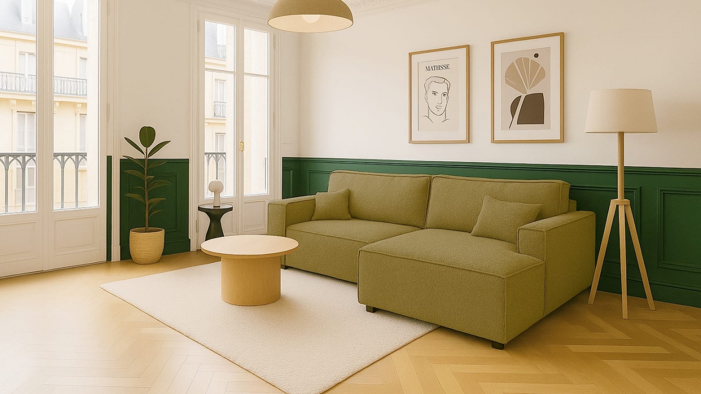 Canapé d'angle à droite convertible 3 places en tissu bouclé jaune moutarde - Asti