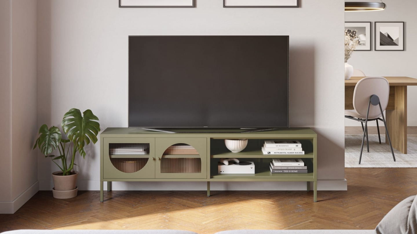 Meuble TV 2 portes 2 niches en métal vert 160 cm - Ysia