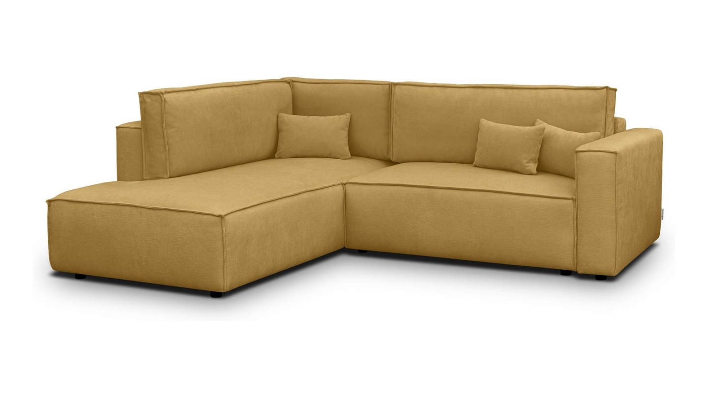 Canapé d'angle ouvert à gauche convertible 3 places en tissu chenille jaune moutarde - Emma