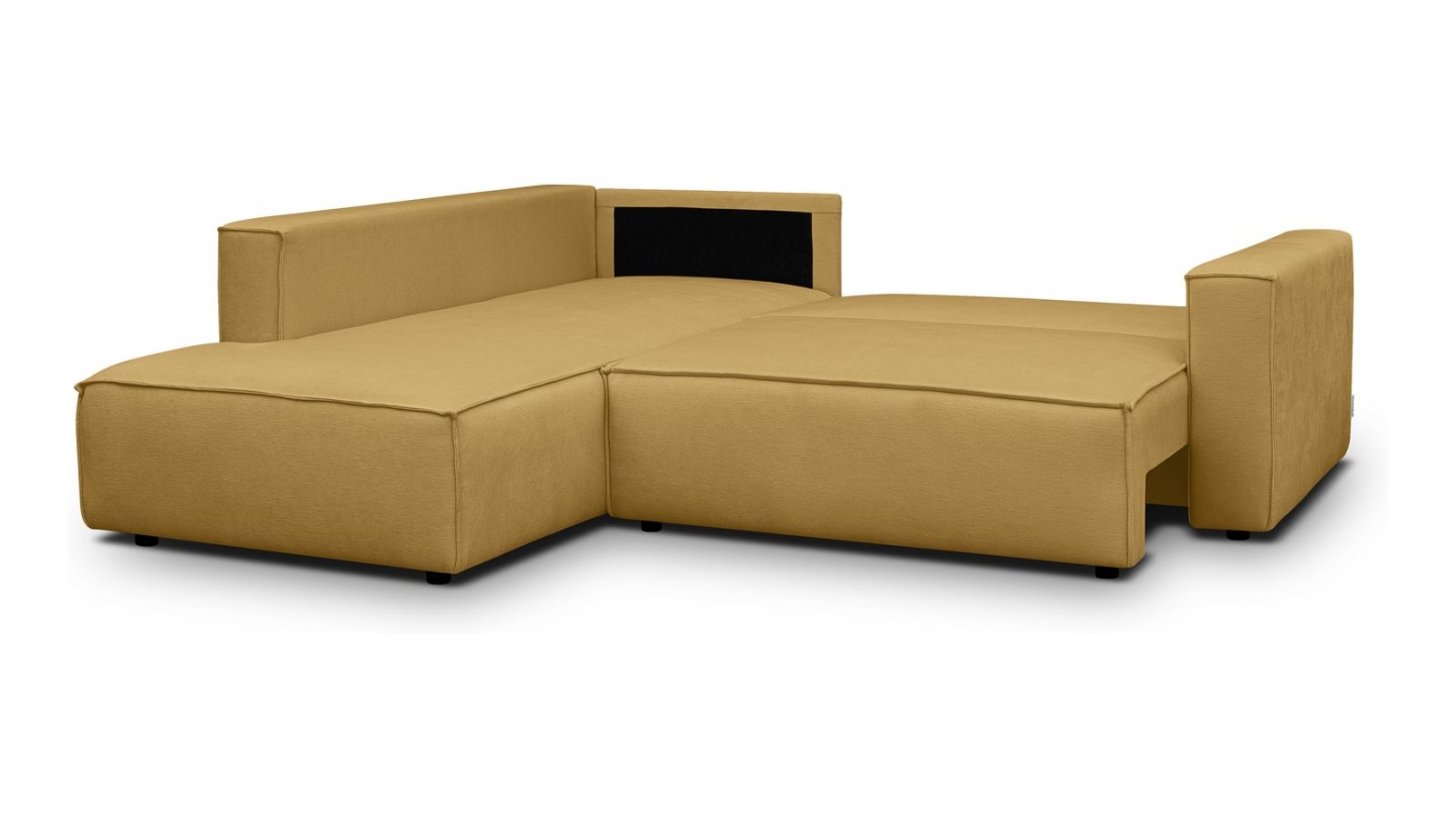 Canapé d'angle ouvert à gauche convertible 3 places en tissu chenille jaune moutarde - Emma