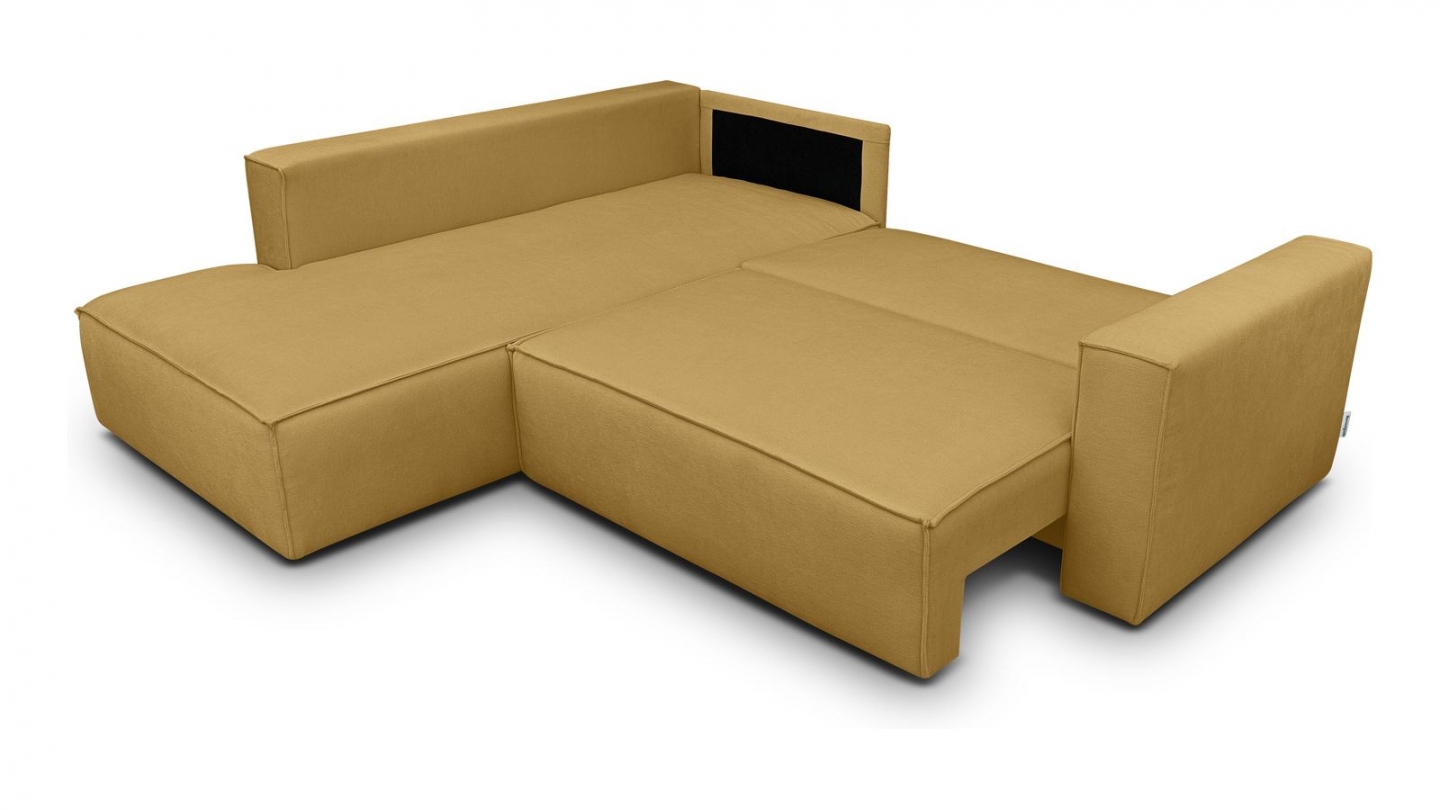 Canapé d'angle ouvert à gauche convertible 3 places en tissu chenille jaune moutarde - Emma