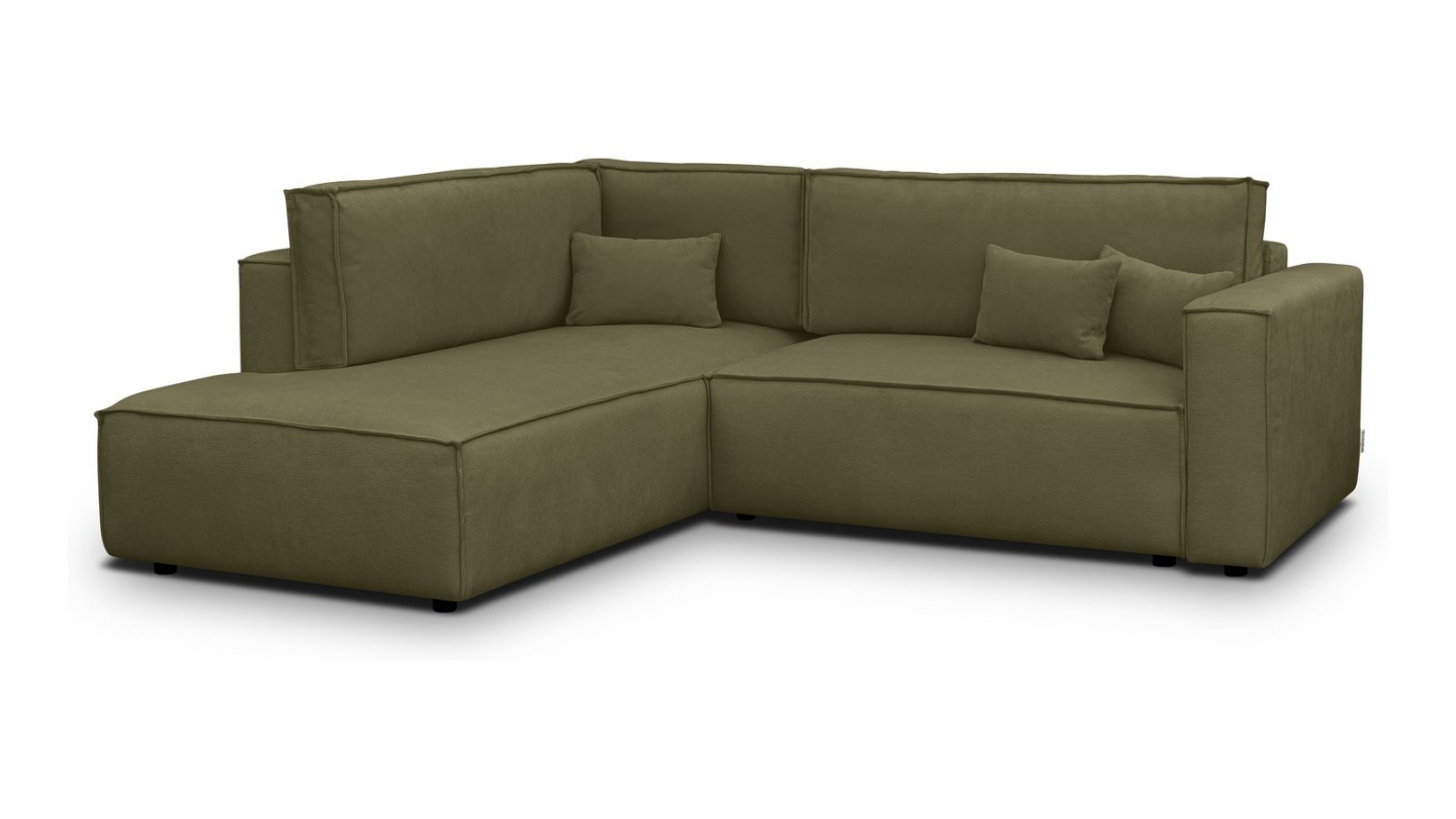 Canapé d'angle ouvert à gauche convertible 3 places en tissu chenille vert kaki - Emma