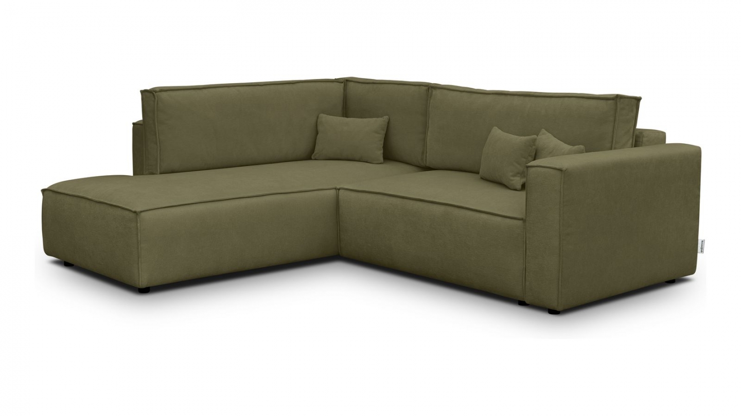 Canapé d'angle ouvert à gauche convertible 3 places en tissu chenille vert kaki - Emma
